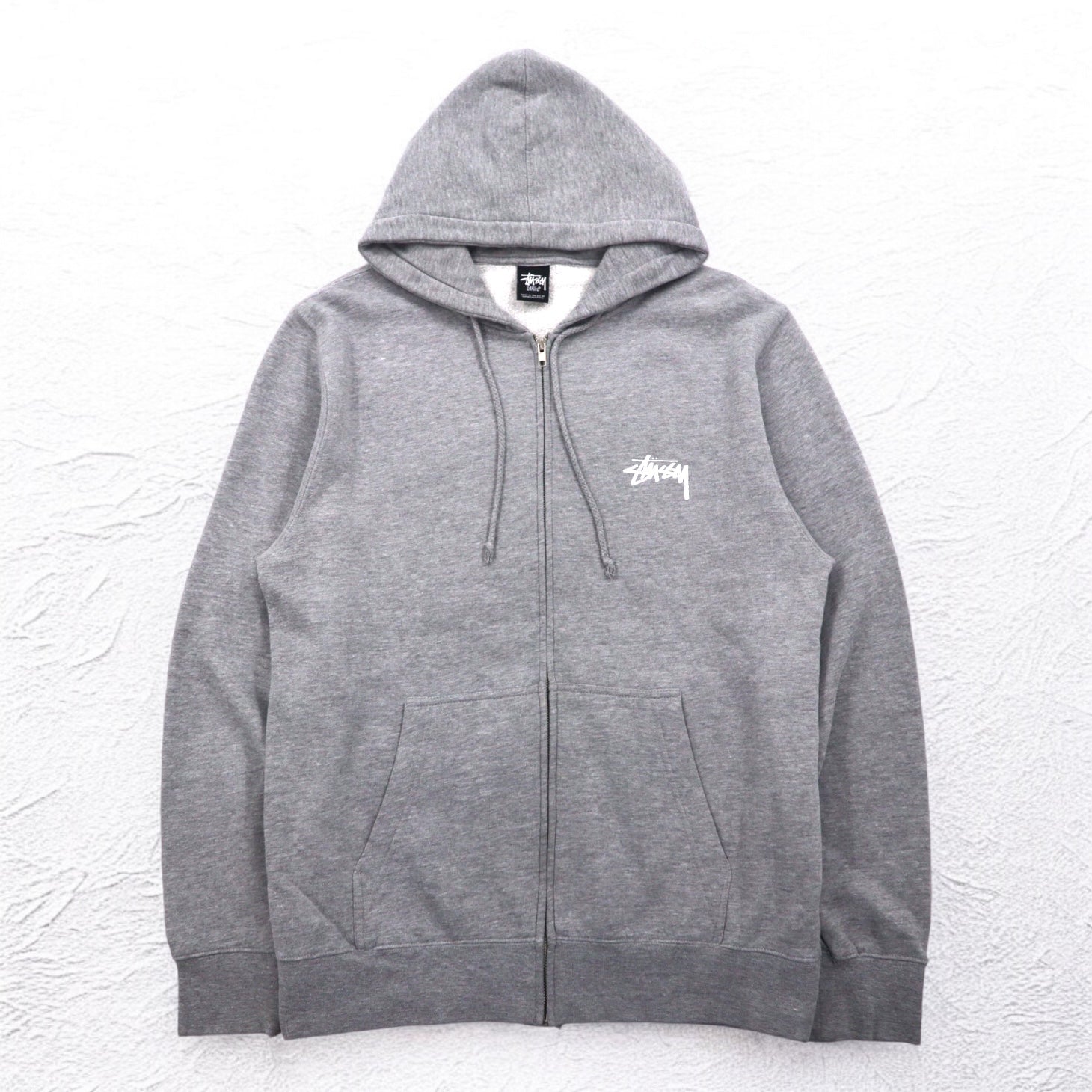 STUSSY anni 2000 Prodotto negli USA Felpa con cappuccio full zip L Grigio YESTERDAY TODAY TOMORROW Stampa logo sul retro