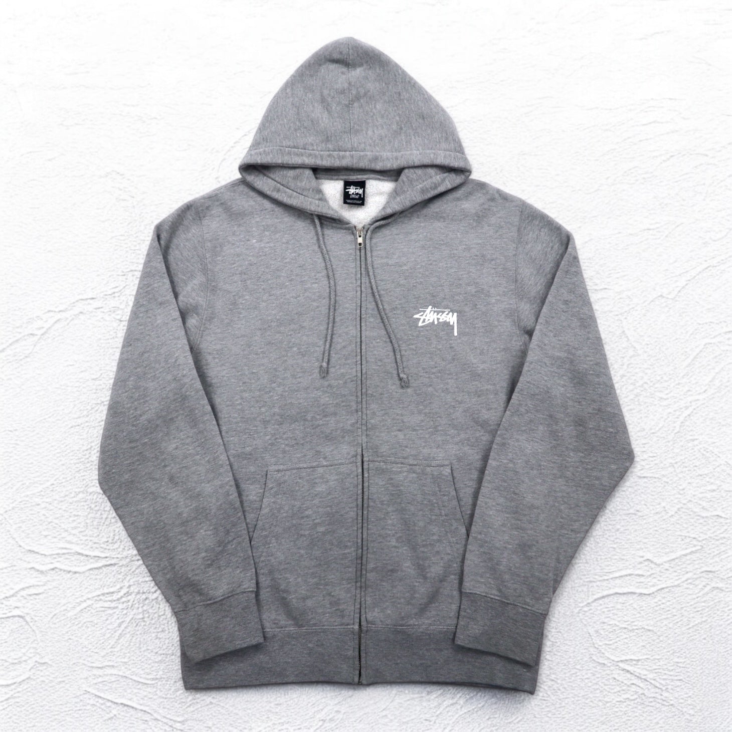 STUSSY anni 2000 Prodotto negli USA Felpa con cappuccio full zip L Grigio YESTERDAY TODAY TOMORROW Stampa logo sul retro