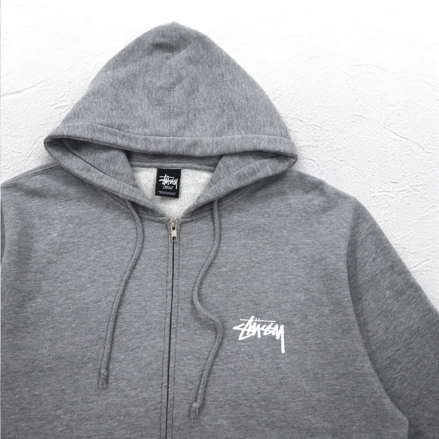 STUSSY anni 2000 Prodotto negli USA Felpa con cappuccio full zip L Grigio YESTERDAY TODAY TOMORROW Stampa logo sul retro