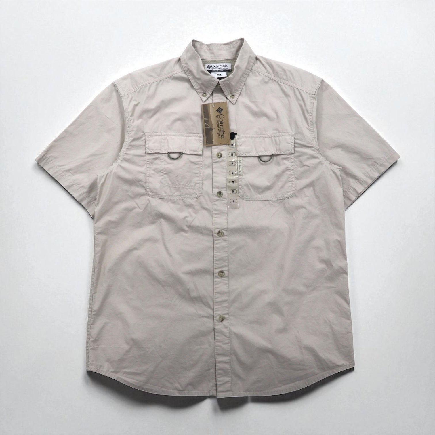 Columbia camicia a maniche corte abbottonata da pesca, taglia M, beige, poliestere, Marquam Trail S/S Shirt AM7240, Made in Sri Lanka, nuovo con etichette