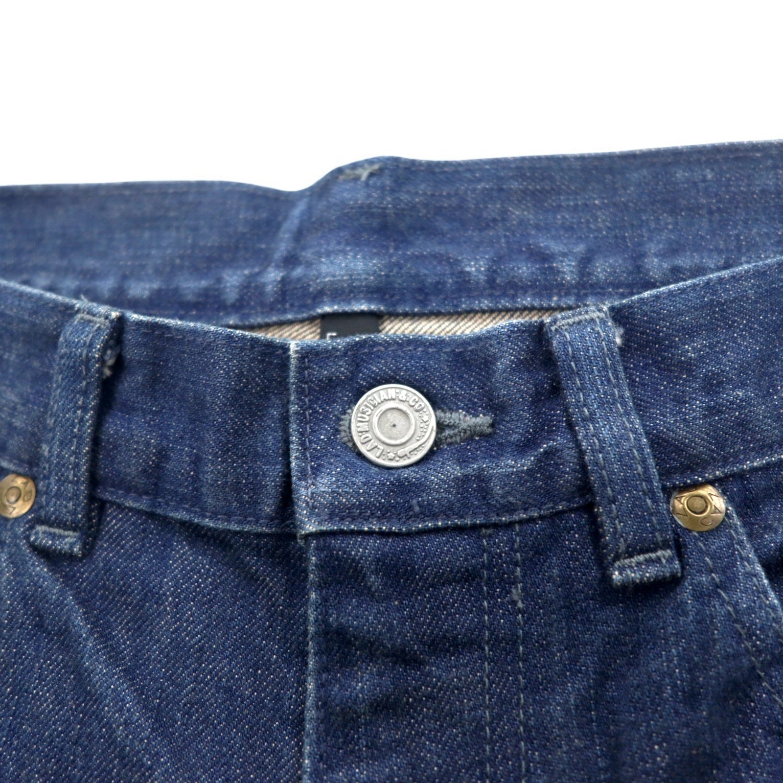 LAD MUSICIAN Jeans 5 tasche, taglia L, denim indaco, blu, chiusura con cerniera, made in Japan