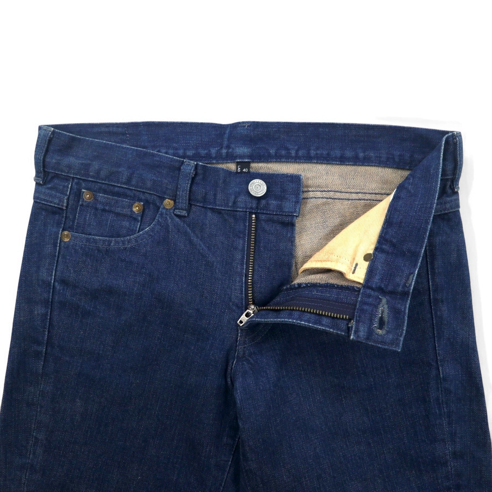 LAD MUSICIAN Jeans 5 tasche, taglia L, denim indaco, blu, chiusura con cerniera, made in Japan