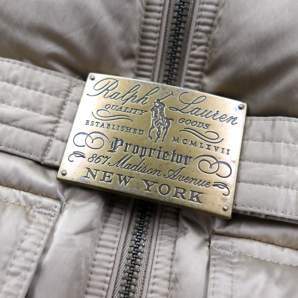 RALPH LAUREN ダウンジャケット S ベージュ ポリエステル ロゴ ベルト バックル ダブルジップ