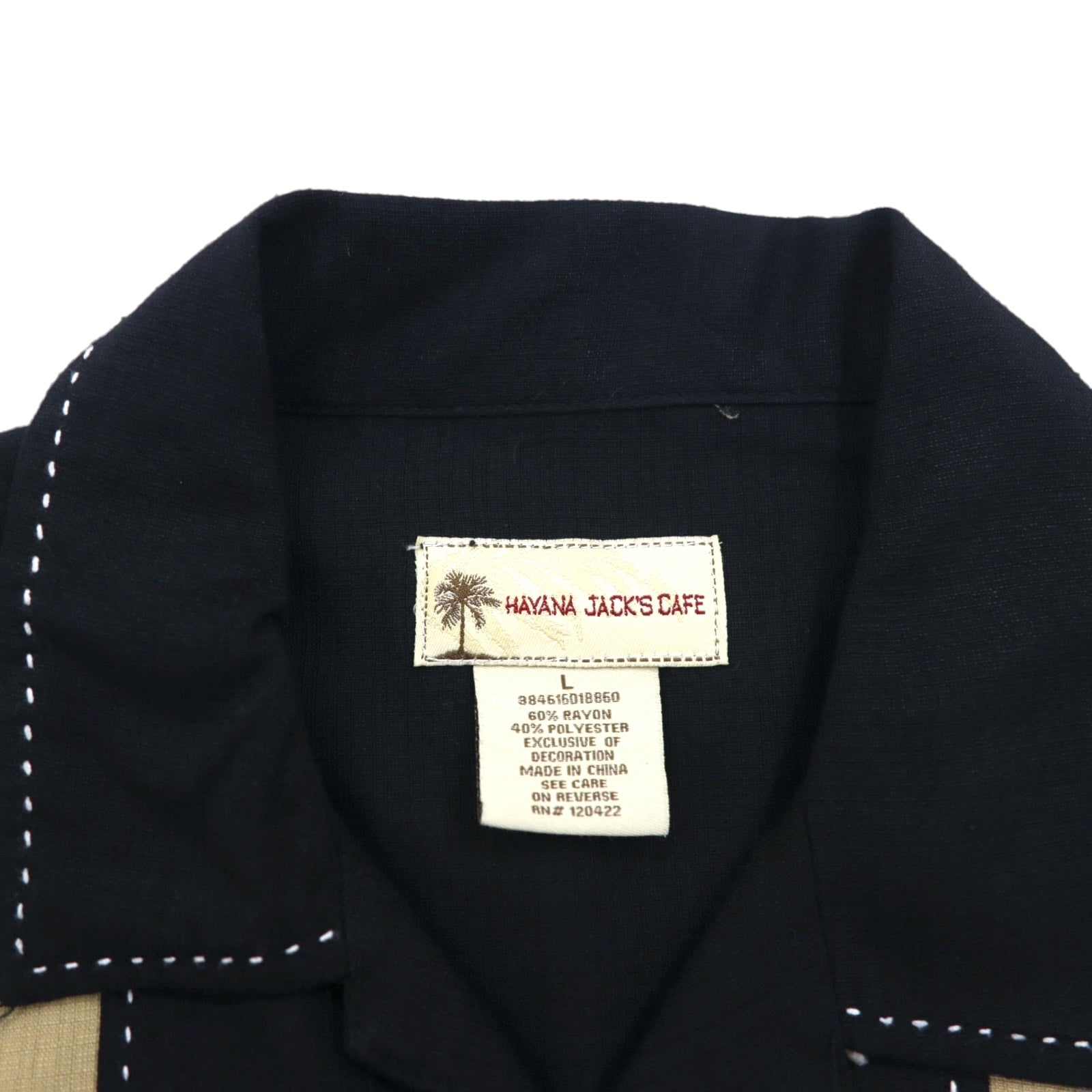 HAVANA JACK'S CAFE camicia cubana a collo aperto con ricami a sashiko di palme, taglia L, colore nero, viscosa poliestere.