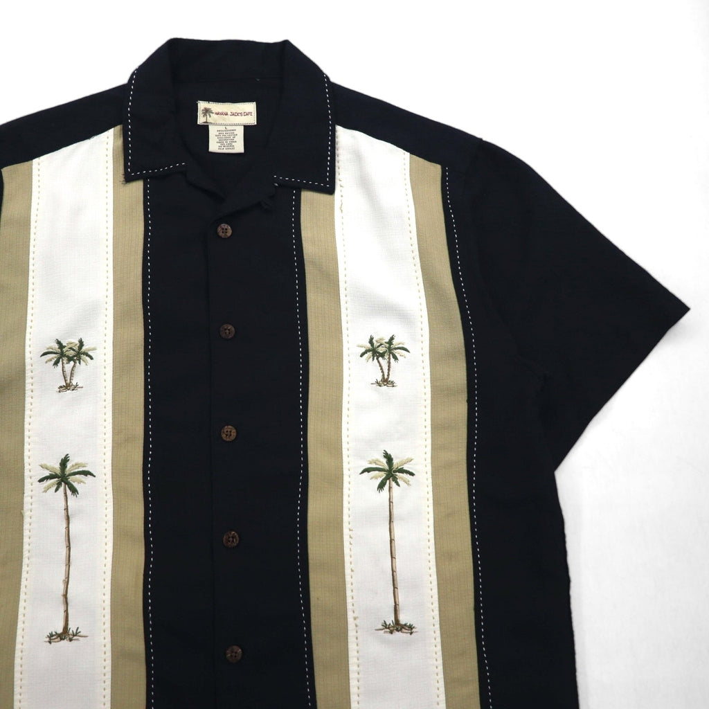 HAVANA JACK'S CAFE camicia cubana a collo aperto con ricami a sashiko di palme, taglia L, colore nero, viscosa poliestere.