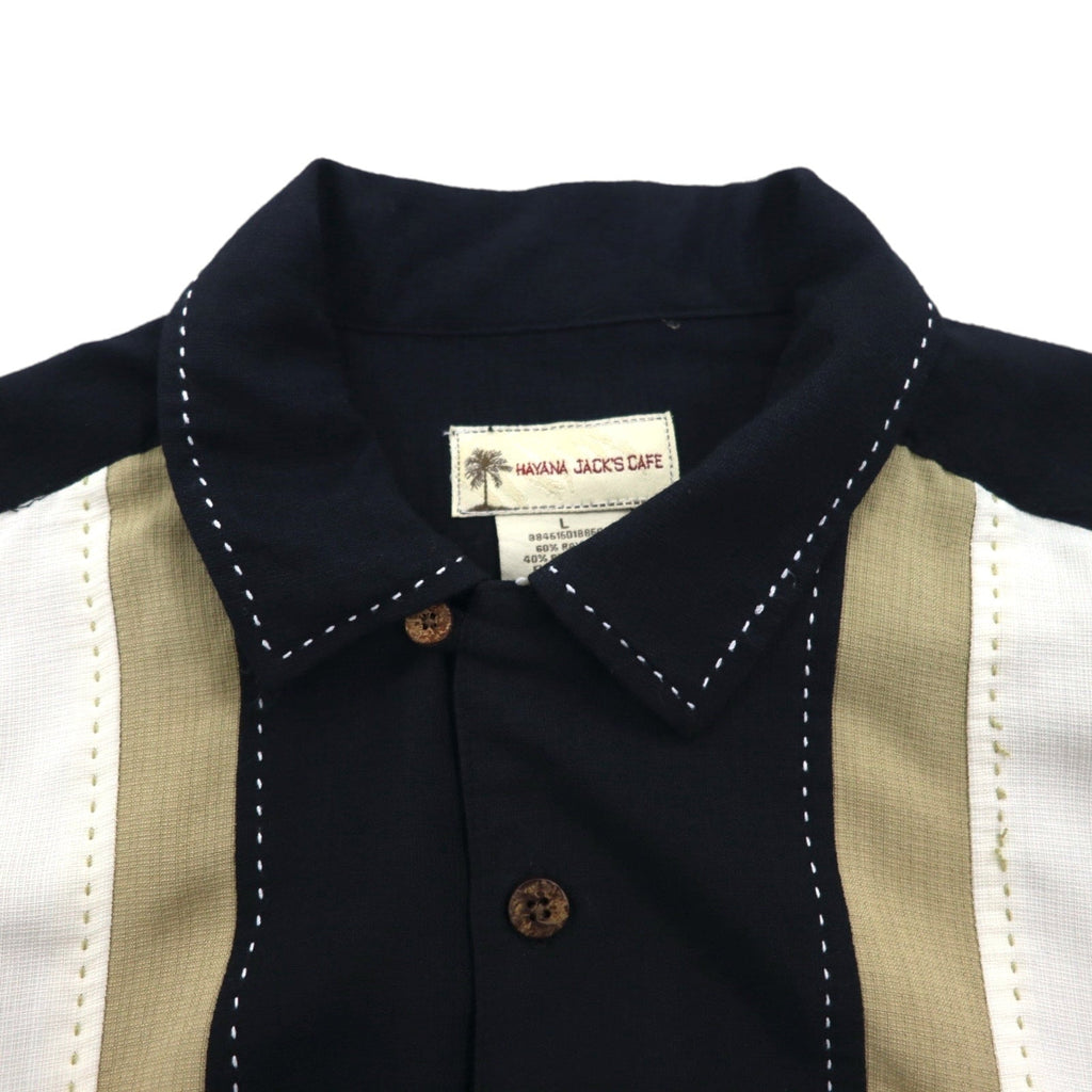 HAVANA JACK'S CAFE camicia cubana a collo aperto con ricami a sashiko di palme, taglia L, colore nero, viscosa poliestere.