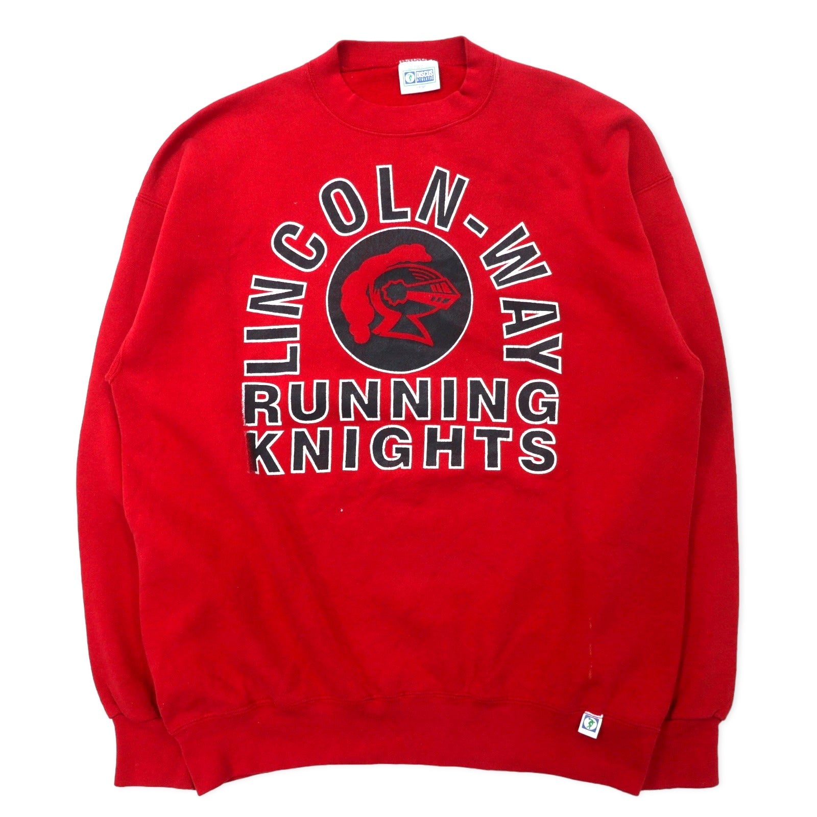 DISCUS ATHLETIC USA Made Anni '90 Stampa Felpa L Rosso Cotone Stampa Fronte/Retro LINCOLN WAY