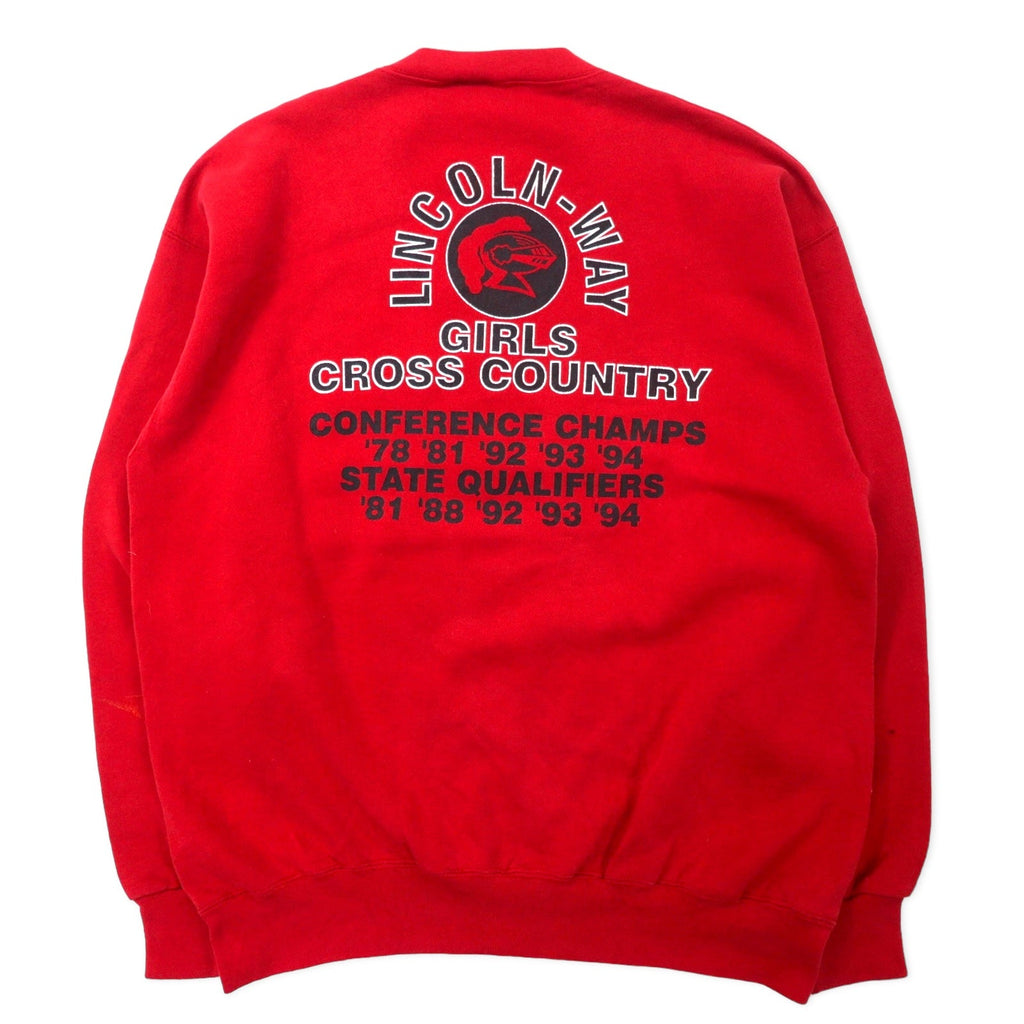 DISCUS ATHLETIC USA Made Anni '90 Stampa Felpa L Rosso Cotone Stampa Fronte/Retro LINCOLN WAY