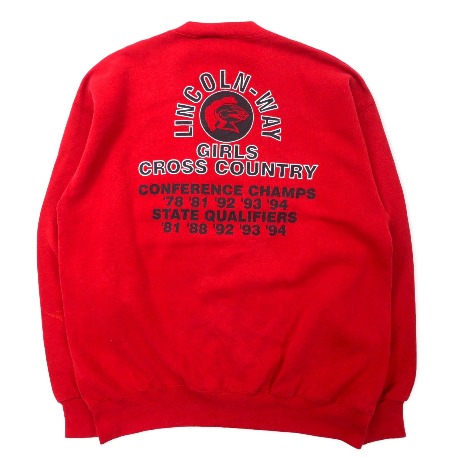 DISCUS ATHLETIC USA Made Anni '90 Stampa Felpa L Rosso Cotone Stampa Fronte/Retro LINCOLN WAY
