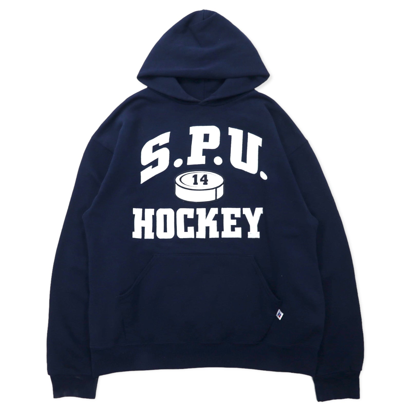 RUSSELL ATHLETIC Prodotto negli USA anni '90 Felpa con cappuccio pullover da college L blu navy cotone S.P.U. HOCKEY