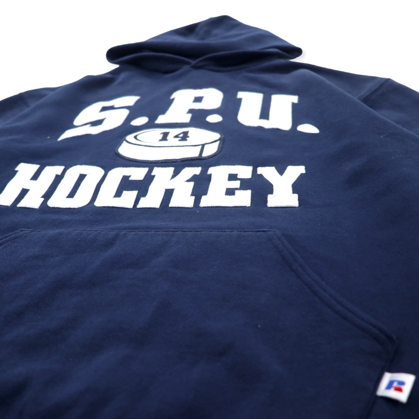 RUSSELL ATHLETIC Prodotto negli USA anni '90 Felpa con cappuccio pullover da college L blu navy cotone S.P.U. HOCKEY