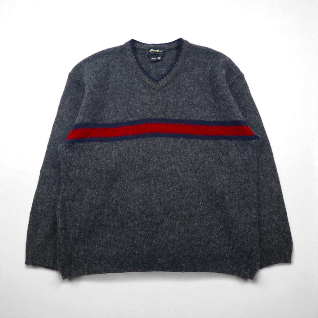 Eddie Bauer 90年代 USA製 Vネック ニット セーター L グレー ウール ラインデザイン