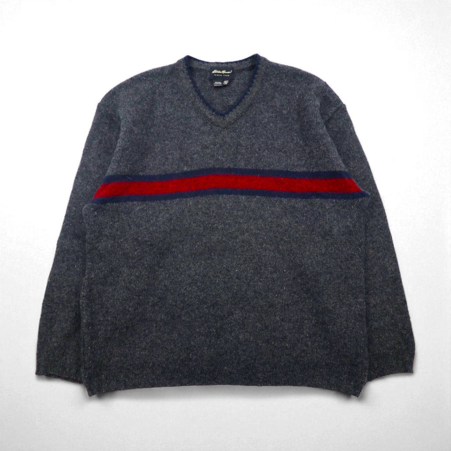 Eddie Bauer 90年代 USA製 Vネック ニット セーター L グレー ウール ラインデザイン