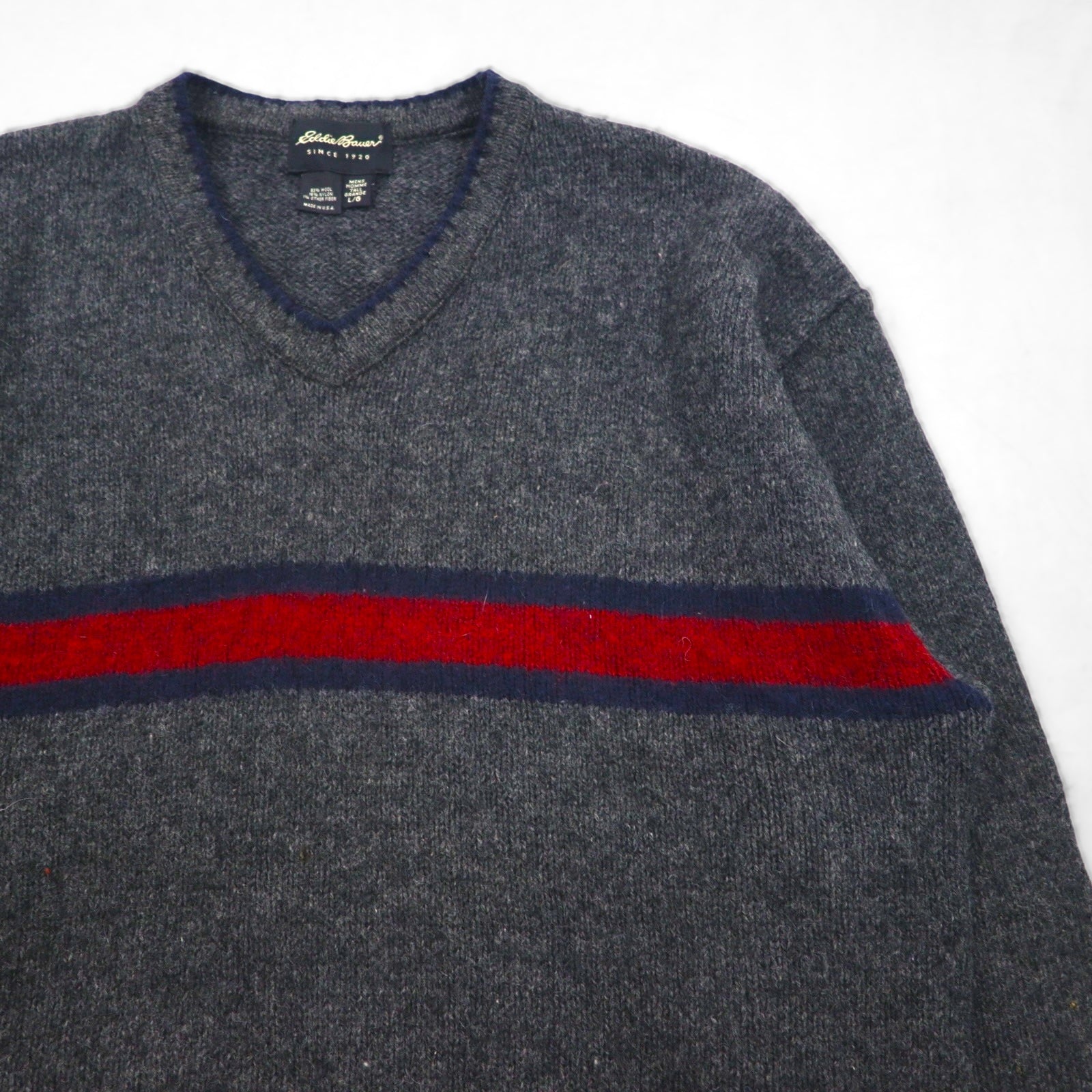 Eddie Bauer 90年代 USA製 Vネック ニット セーター L グレー ウール ラインデザイン