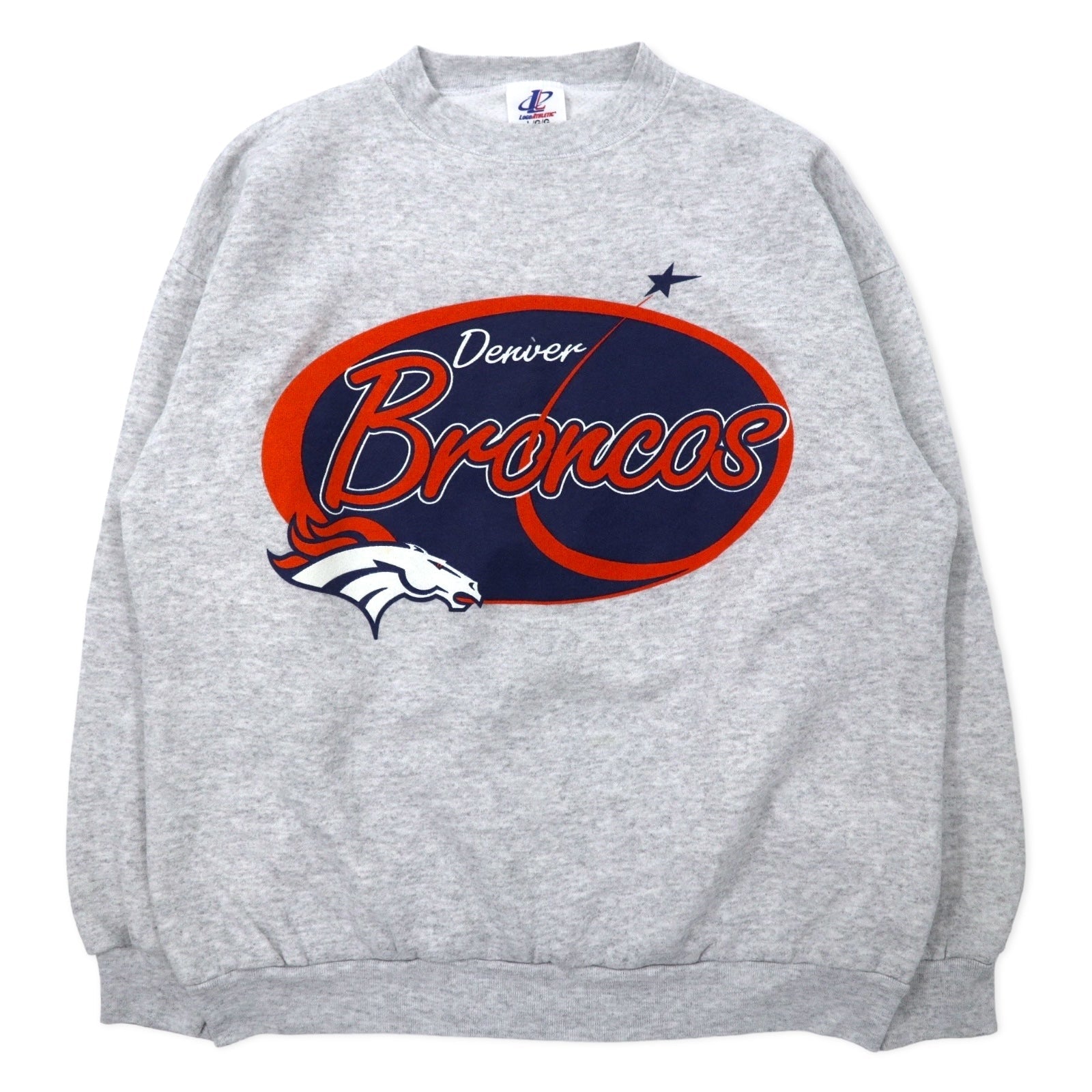 LOGO ATHLETIC Anni '90 NFL Stampa Felpa L Grigia Cotone Felpato DENVER BRONCOS Fatta in Messico