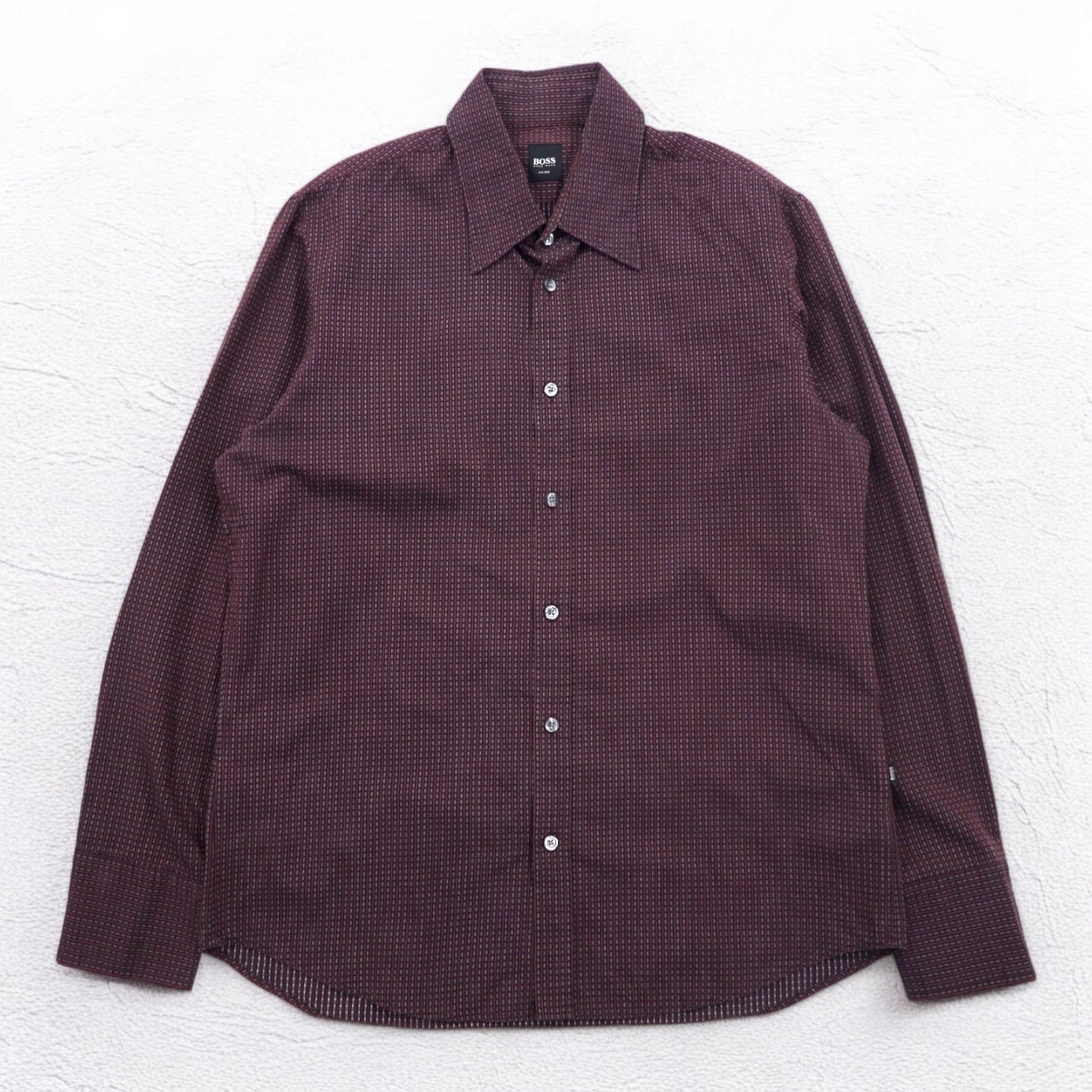 HUGO BOSS ドレスシャツ L ボルドー コットン 小紋柄