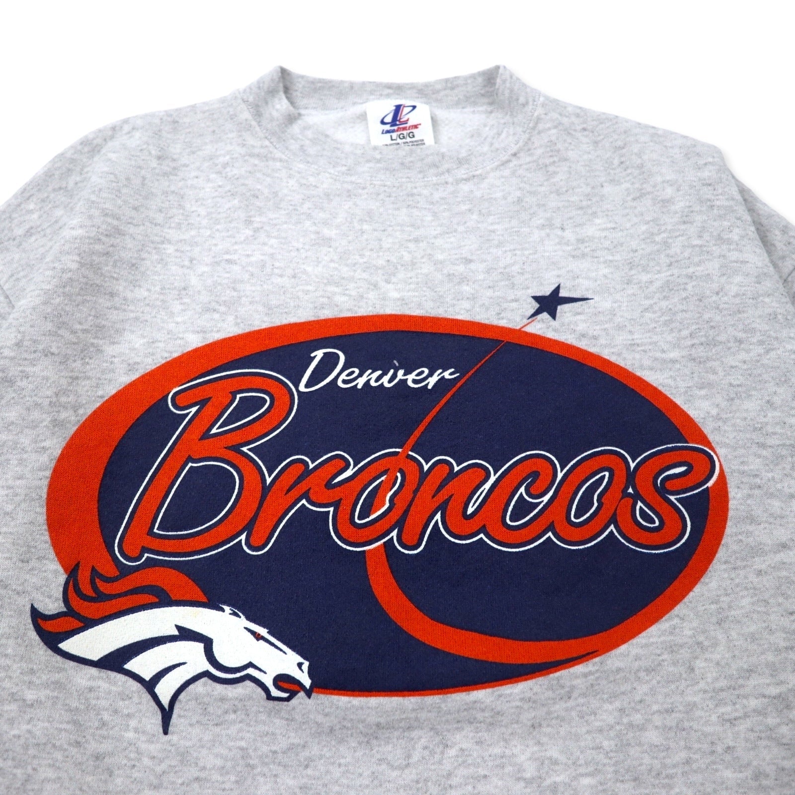 LOGO ATHLETIC Anni '90 NFL Stampa Felpa L Grigia Cotone Felpato DENVER BRONCOS Fatta in Messico