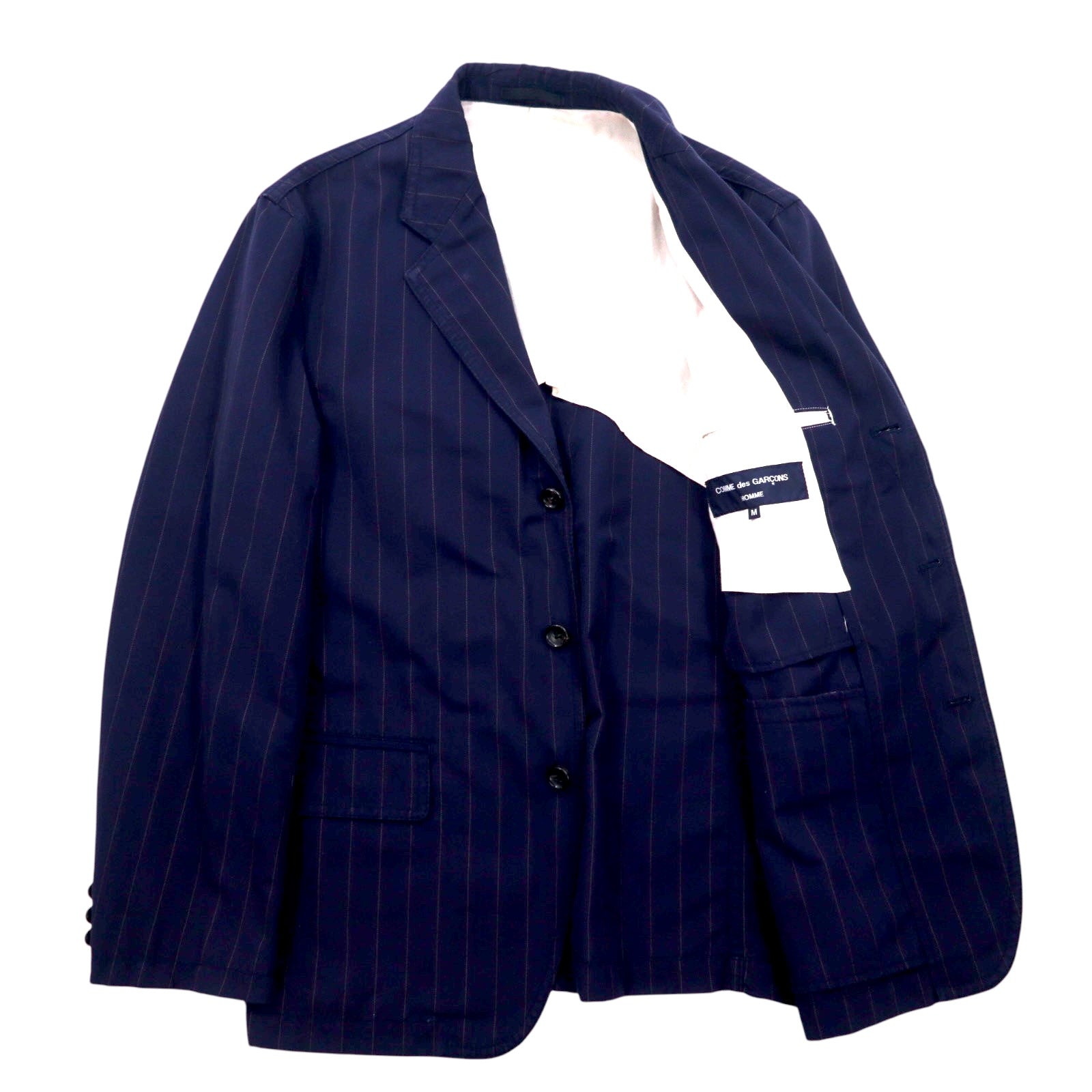 COMME des GARCONS HOMME Giacca sartoriale 3 bottoni M blu navy a righe poliestere cotone HM-J027 Made in Japan