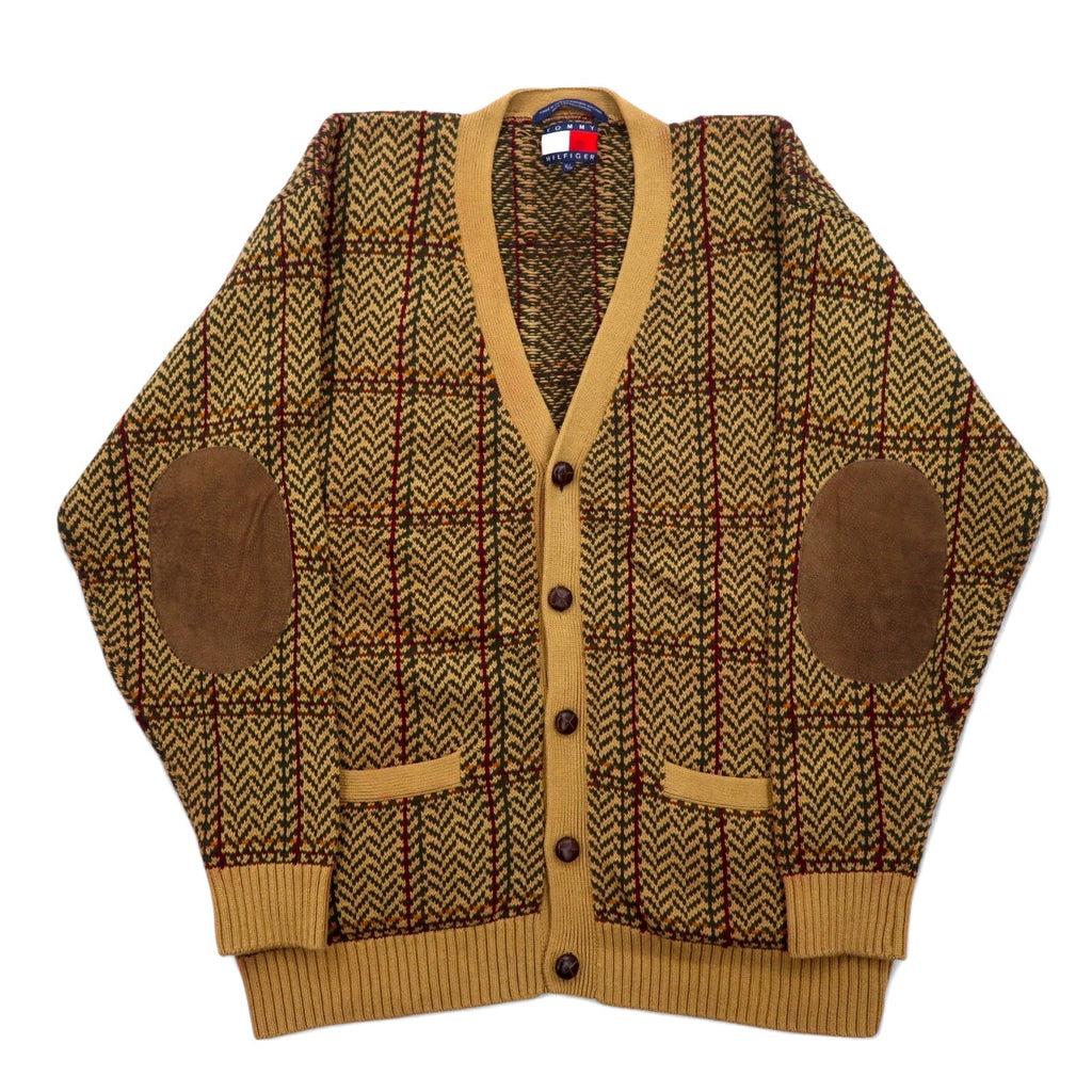 TOMMY HILFIGER Cardigan in cotone anni '90 XL Marrone A quadri Bottoni in tessuto Gomitiere in pelle