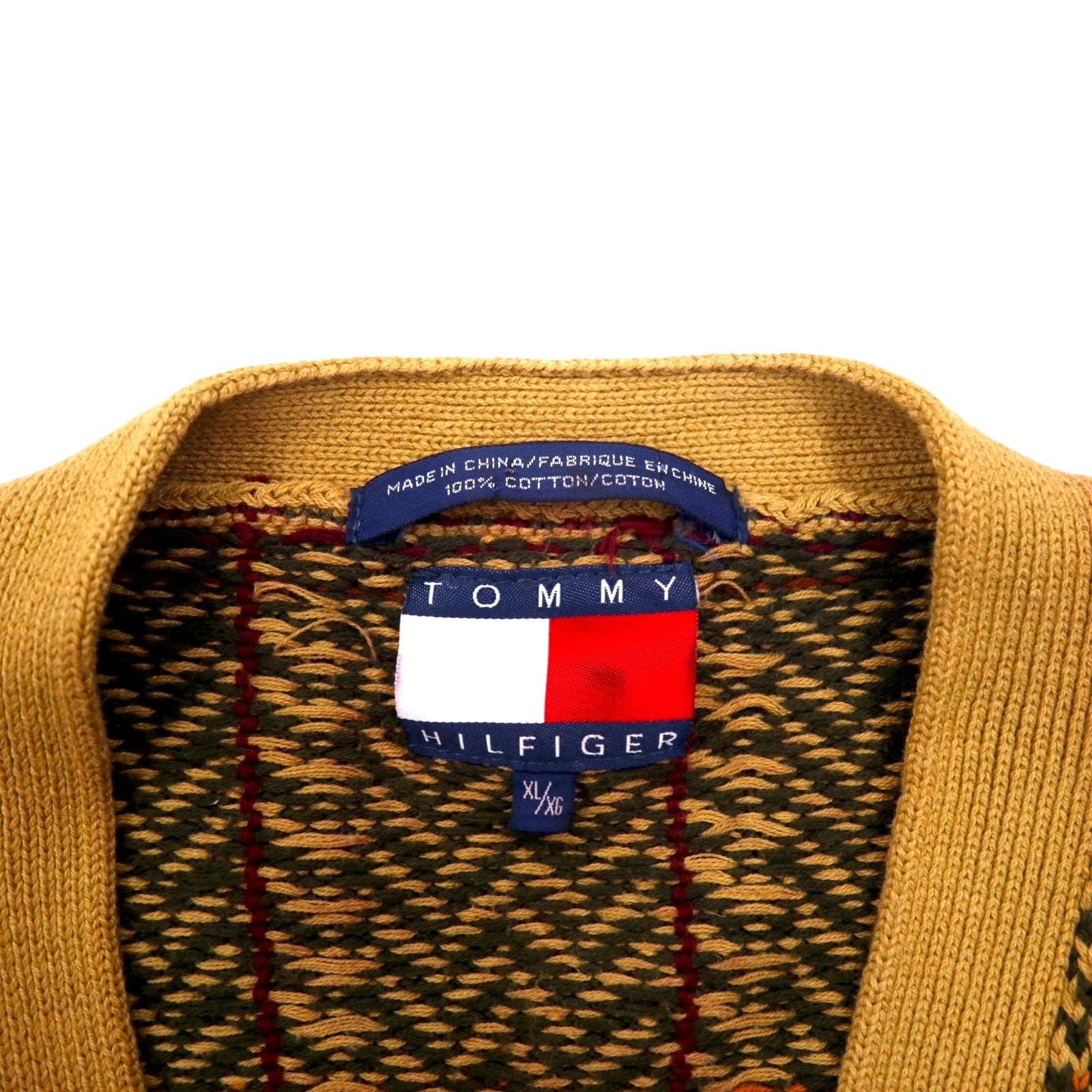 TOMMY HILFIGER Cardigan in cotone anni '90 XL Marrone A quadri Bottoni in tessuto Gomitiere in pelle