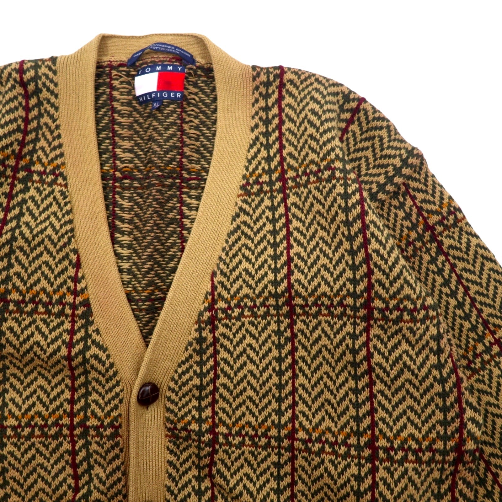 TOMMY HILFIGER Cardigan in cotone anni '90 XL Marrone A quadri Bottoni in tessuto Gomitiere in pelle