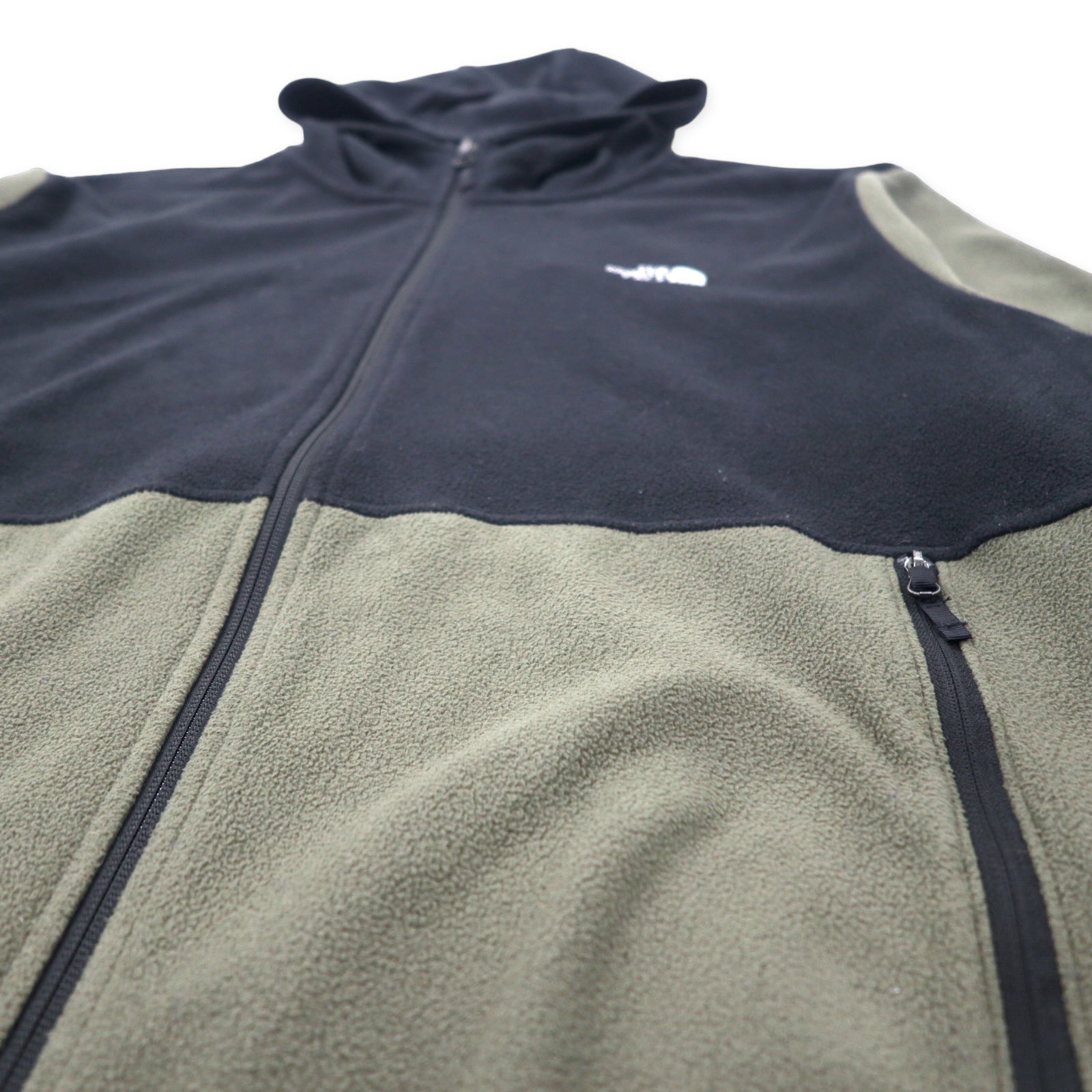 THE NORTH FACE フルジップ フリースジャケット フーディー XL ブラック カーキ ポリエステル ワンポイントロゴ刺繍