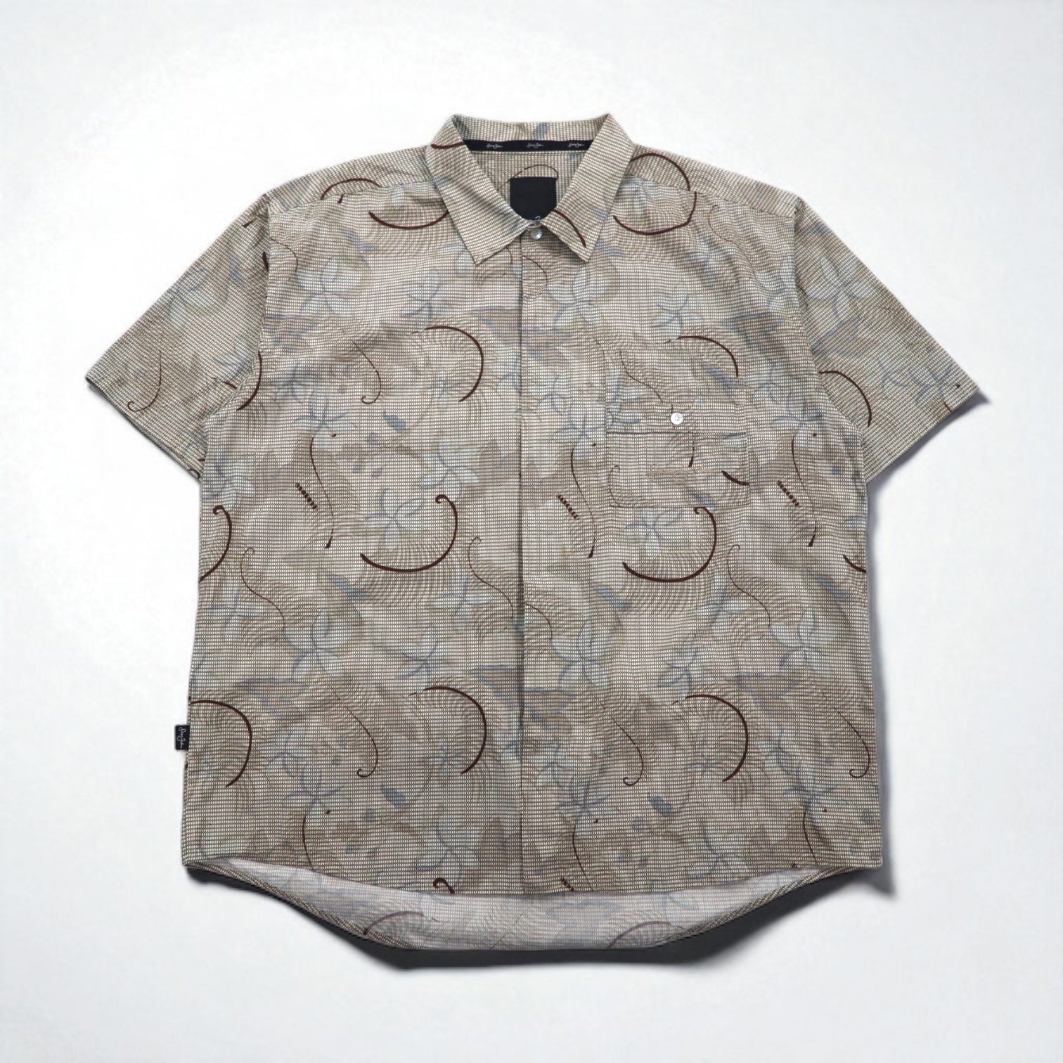 Sean John 00年代 総柄 ビッグサイズ 半袖シャツ 2XL ベージュ コットン チェック 胸ポケット