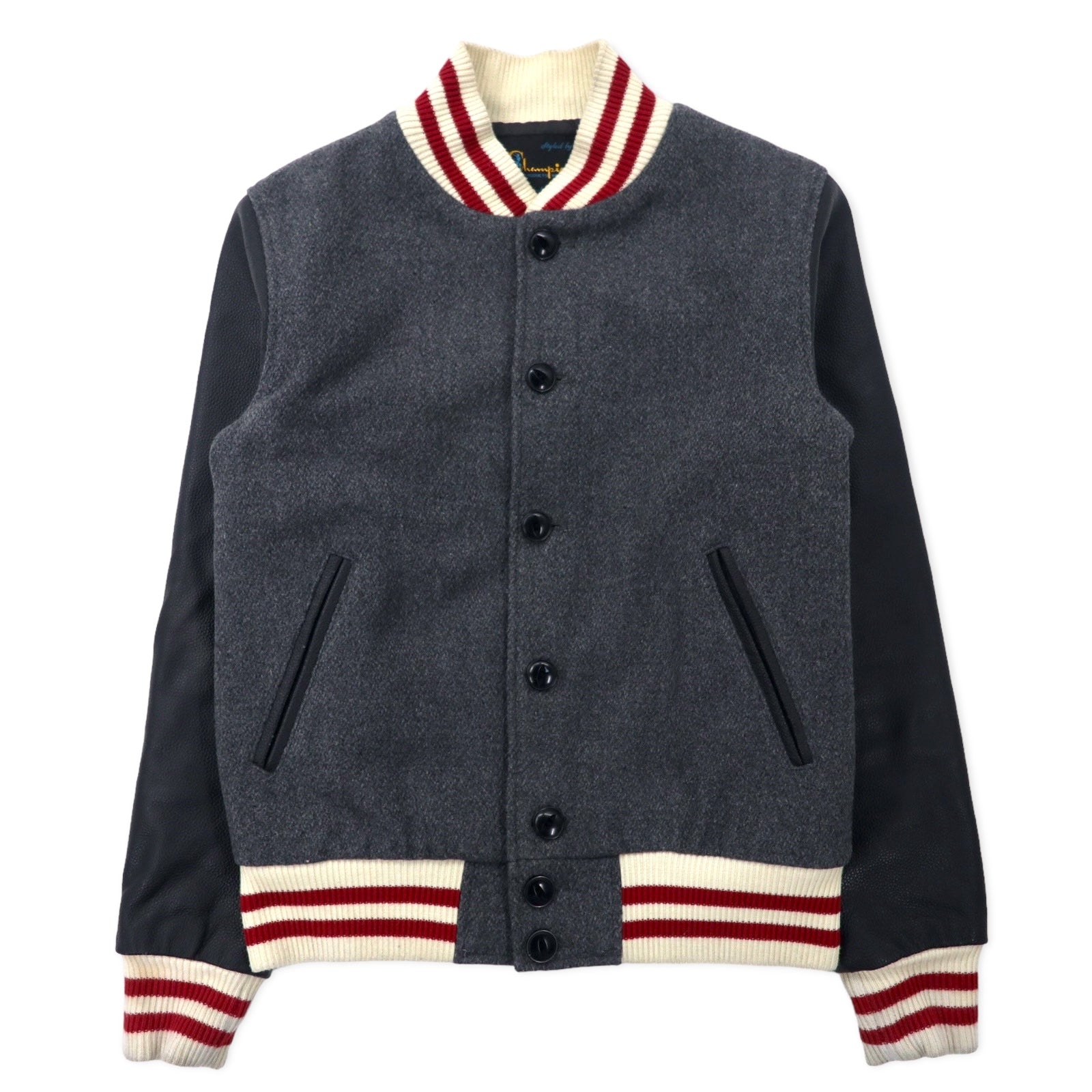 Giacca Champion Rochester Award con maniche in pelle, stile college, bottoni a pressione, taglia L, grigio, in lana e pelle bovina, fodera trapuntata, riproduzione dell'etichetta del periodo, modello ROCHESTER AWARD JACKET C3-J605