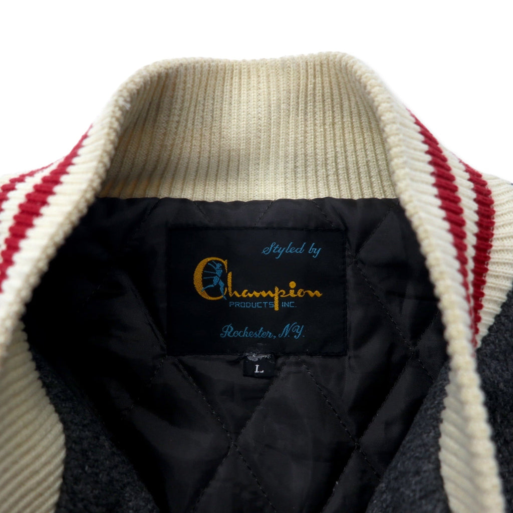 Giacca Champion Rochester Award con maniche in pelle, stile college, bottoni a pressione, taglia L, grigio, in lana e pelle bovina, fodera trapuntata, riproduzione dell'etichetta del periodo, modello ROCHESTER AWARD JACKET C3-J605