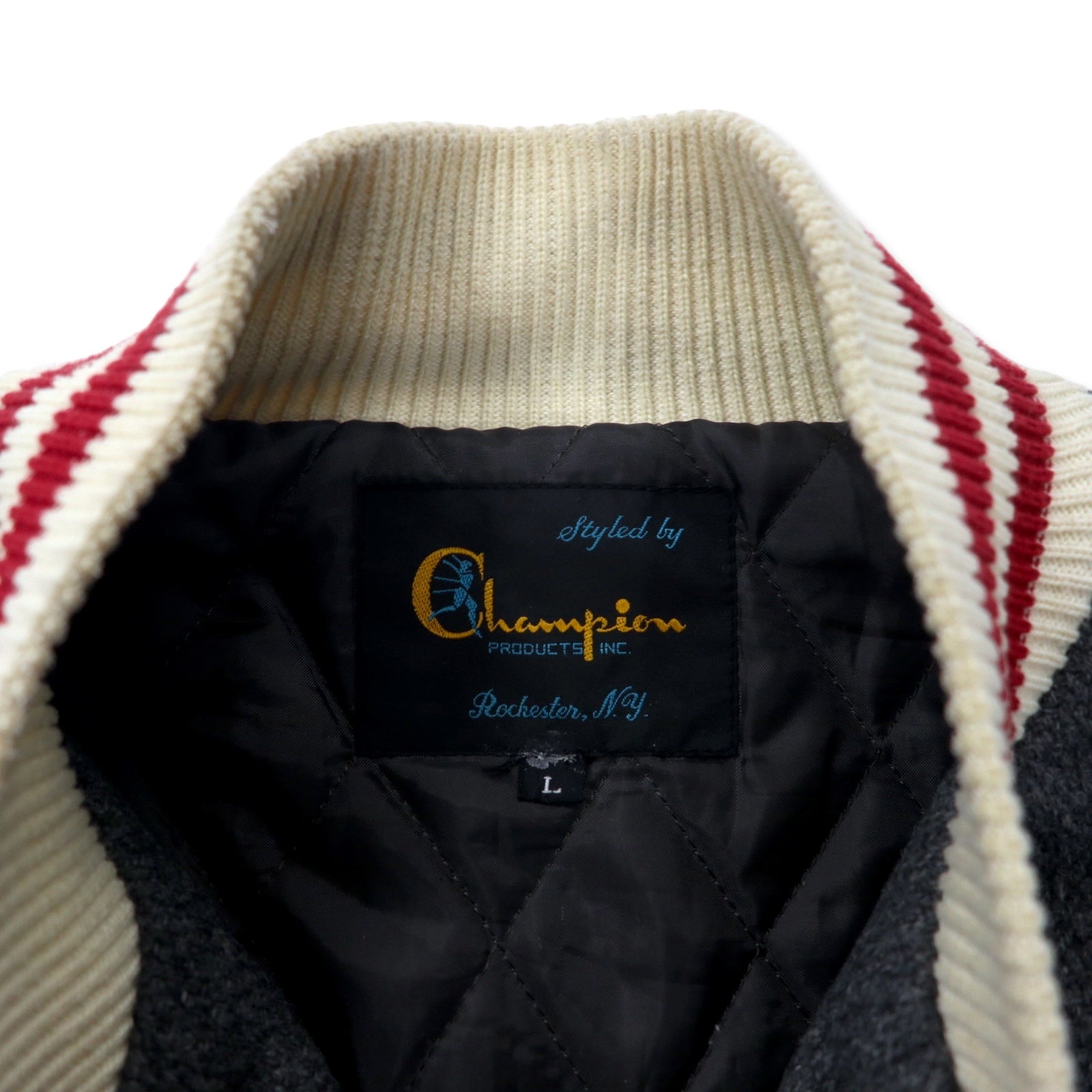 Giacca Champion Rochester Award con maniche in pelle, stile college, bottoni a pressione, taglia L, grigio, in lana e pelle bovina, fodera trapuntata, riproduzione dell'etichetta del periodo, modello ROCHESTER AWARD JACKET C3-J605