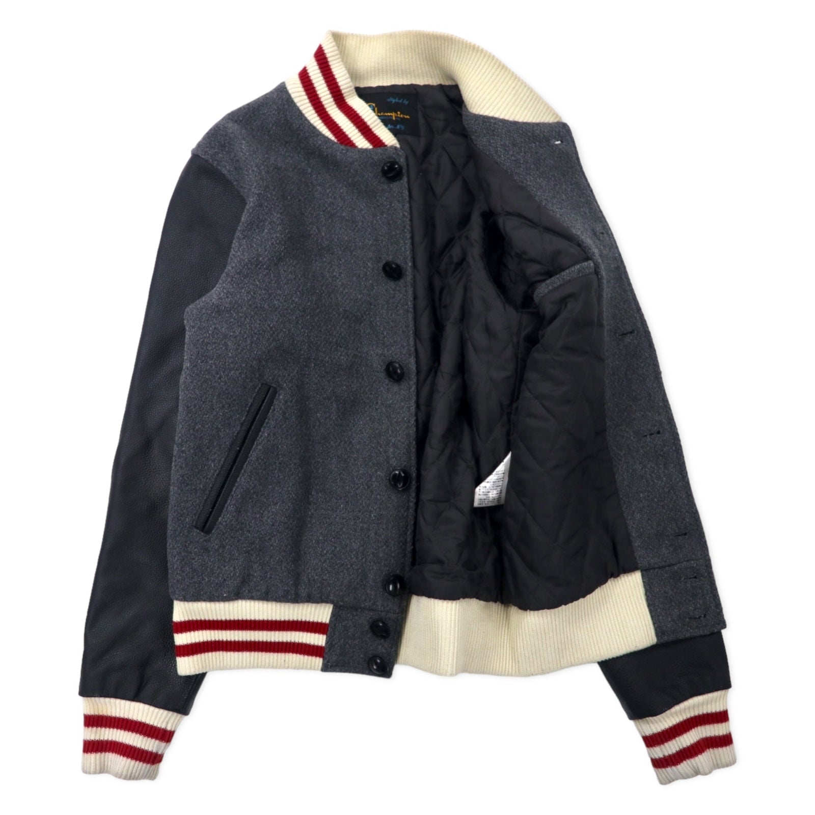 Giacca Champion Rochester Award con maniche in pelle, stile college, bottoni a pressione, taglia L, grigio, in lana e pelle bovina, fodera trapuntata, riproduzione dell'etichetta del periodo, modello ROCHESTER AWARD JACKET C3-J605