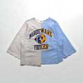 Felpa BOWWOW rifatta, riassemblata, Reverse Weave, taglio vivo, taglia L, blu-grigio, stampa college