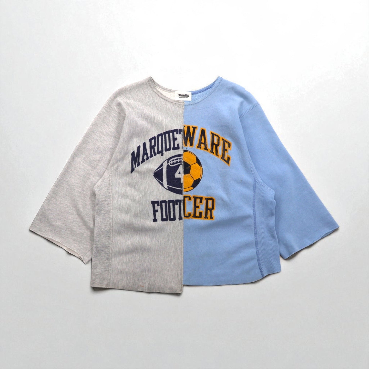Felpa BOWWOW rifatta, riassemblata, Reverse Weave, taglio vivo, taglia L, blu-grigio, stampa college