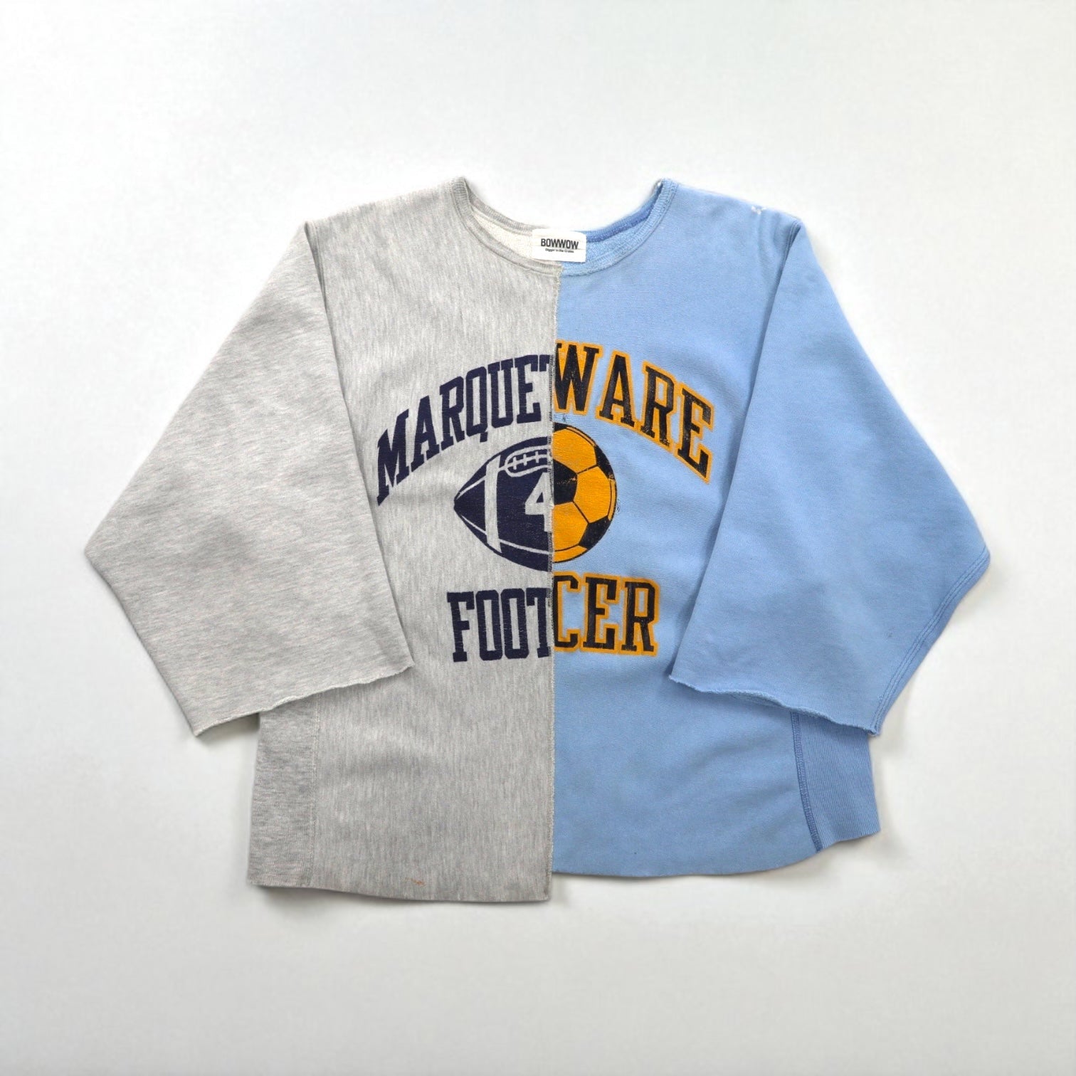 Felpa BOWWOW rifatta, riassemblata, Reverse Weave, taglio vivo, taglia L, blu-grigio, stampa college