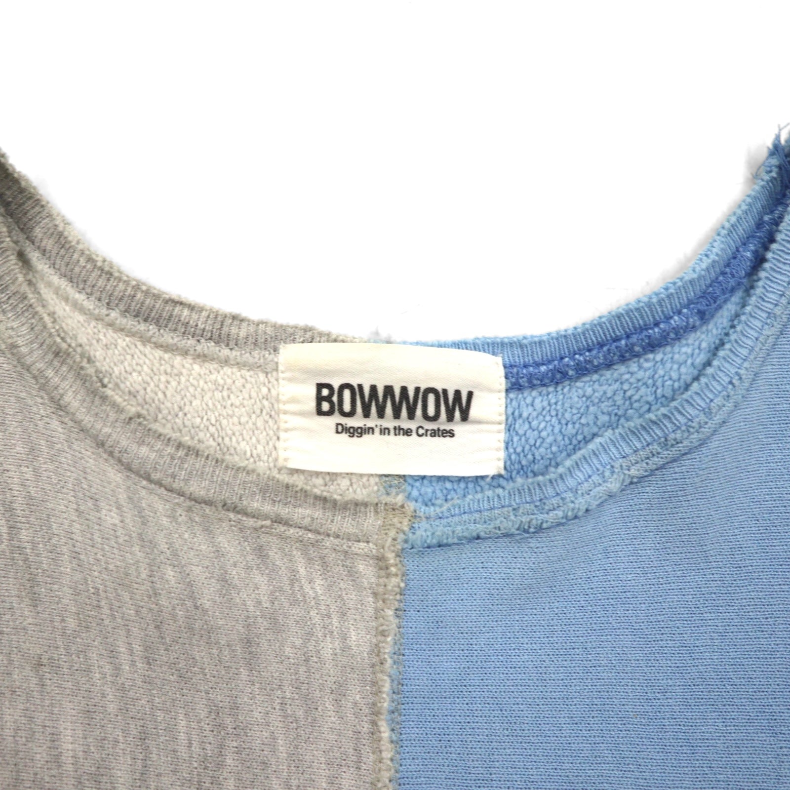 Felpa BOWWOW rifatta, riassemblata, Reverse Weave, taglio vivo, taglia L, blu-grigio, stampa college