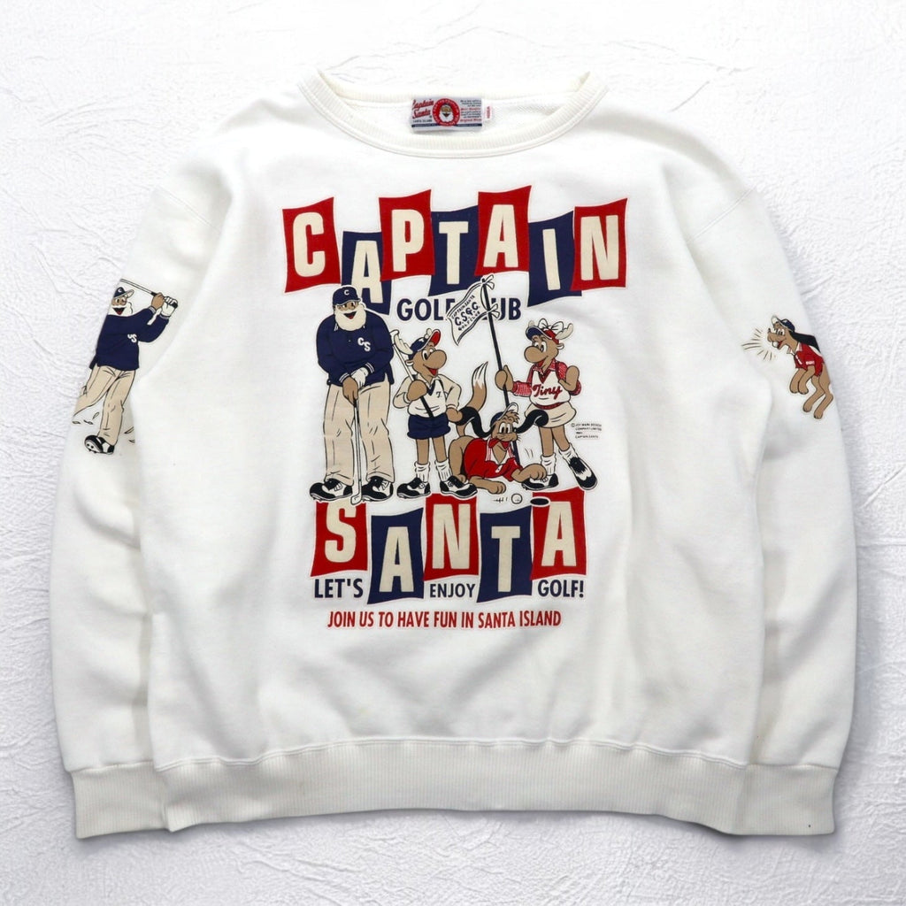 Captain Santa Maglia in felpa anni '80 con stampa di personaggi M Bianca Stampa fronte-retro Made in Japan