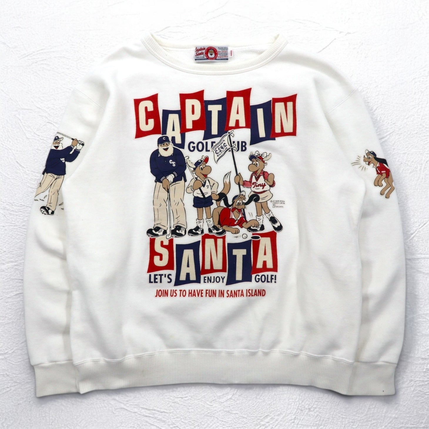 Captain Santa Maglia in felpa anni '80 con stampa di personaggi M Bianca Stampa fronte-retro Made in Japan