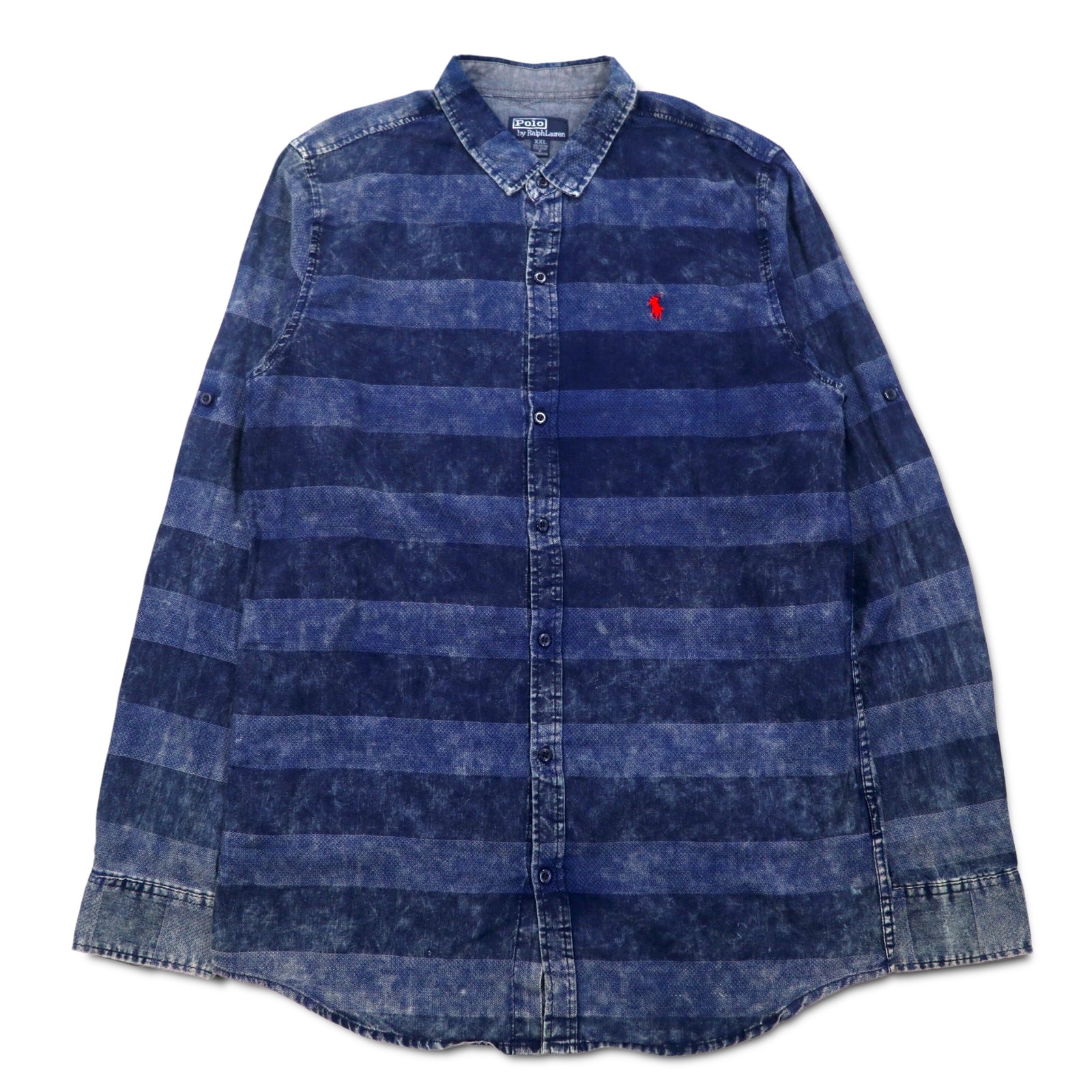 Polo by Ralph Lauren anni '90, camicia a righe in denim lavato con acido, taglia XXL, blu, ricamo piccolo pony