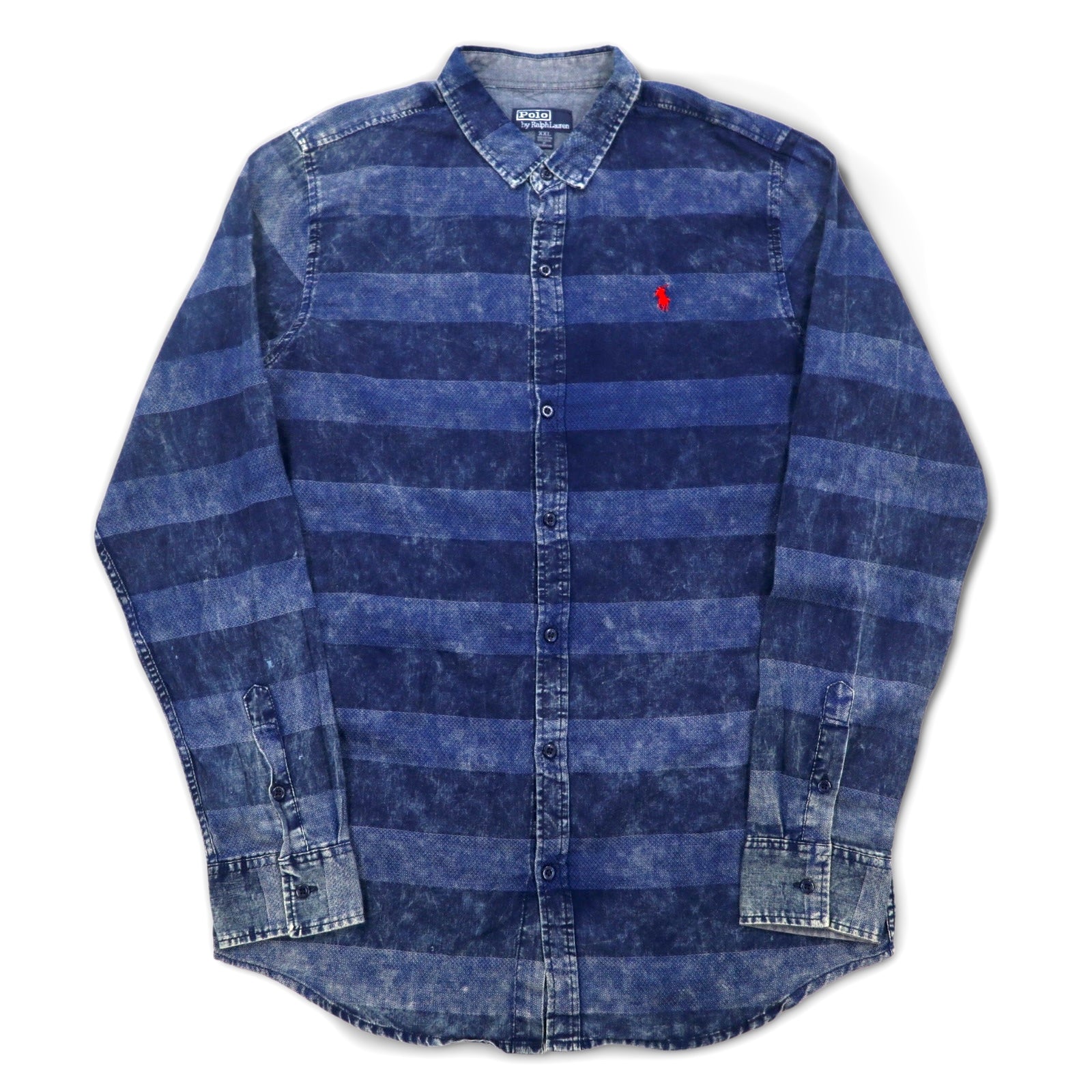 Polo by Ralph Lauren anni '90, camicia a righe in denim lavato con acido, taglia XXL, blu, ricamo piccolo pony