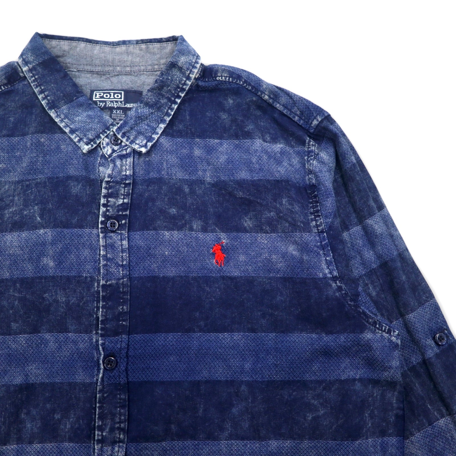 Polo by Ralph Lauren anni '90, camicia a righe in denim lavato con acido, taglia XXL, blu, ricamo piccolo pony