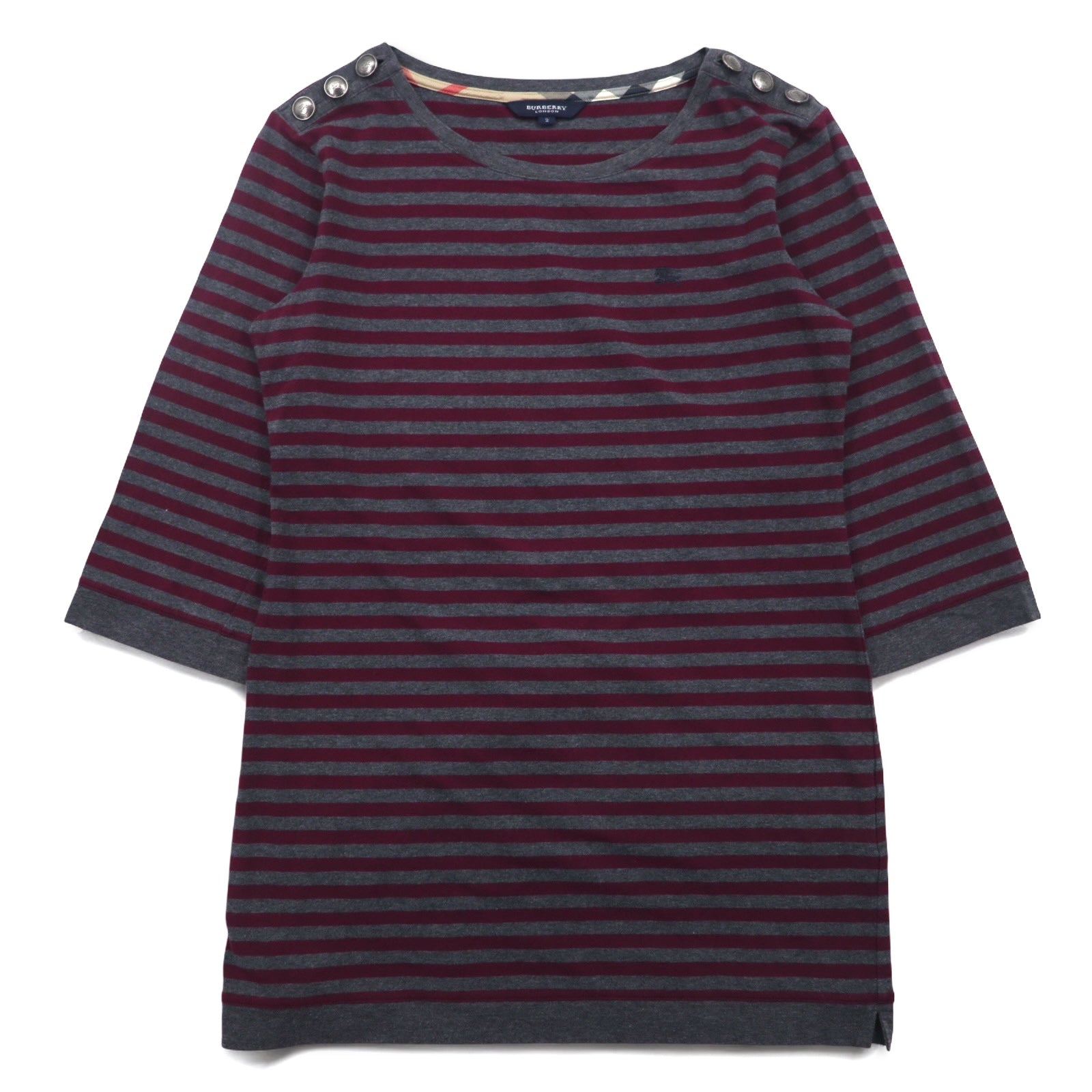 BURBERRY Tunica T-shirt a righe M Grigio Bottoni sulle spalle Logo ricamato Made in Japan