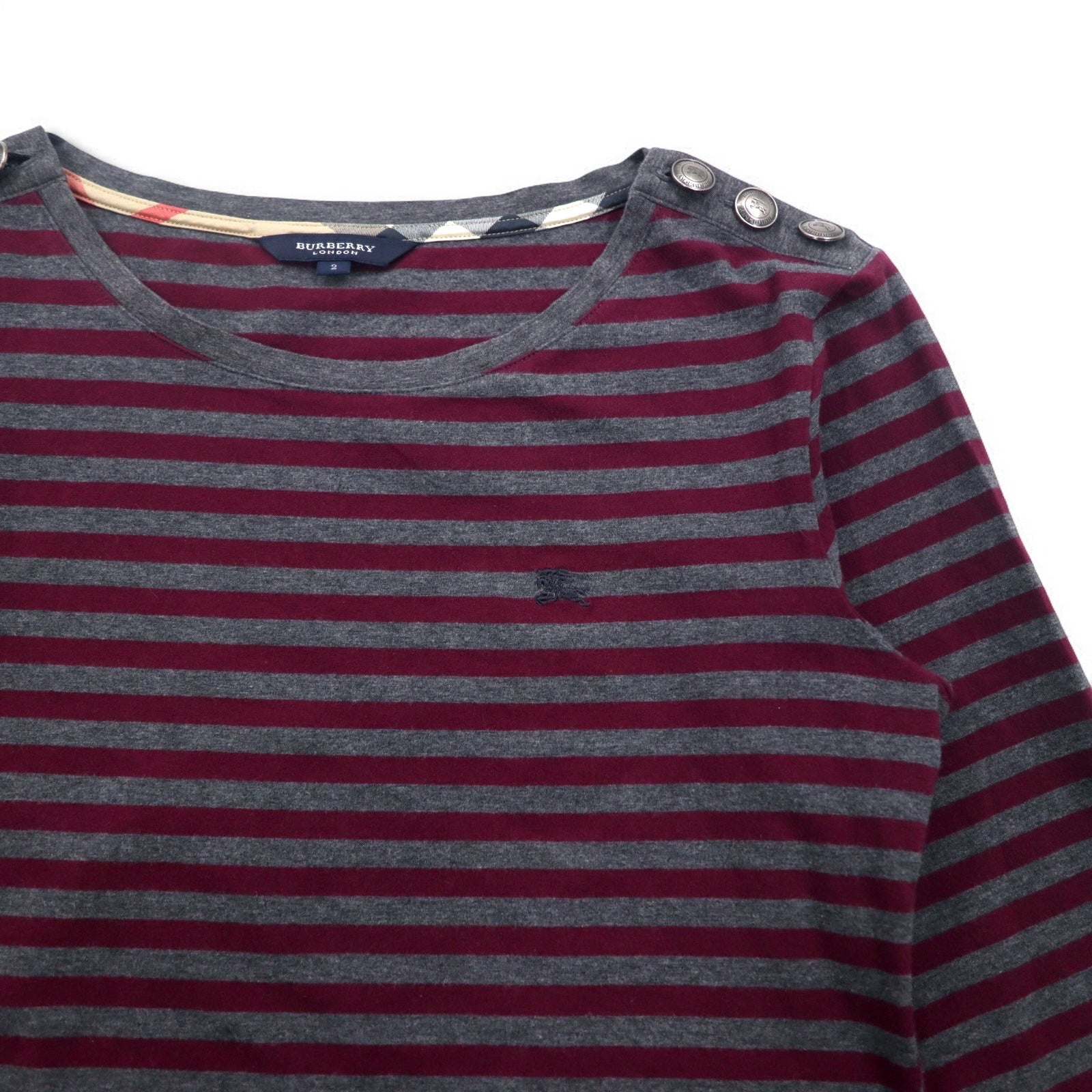 BURBERRY Tunica T-shirt a righe M Grigio Bottoni sulle spalle Logo ricamato Made in Japan