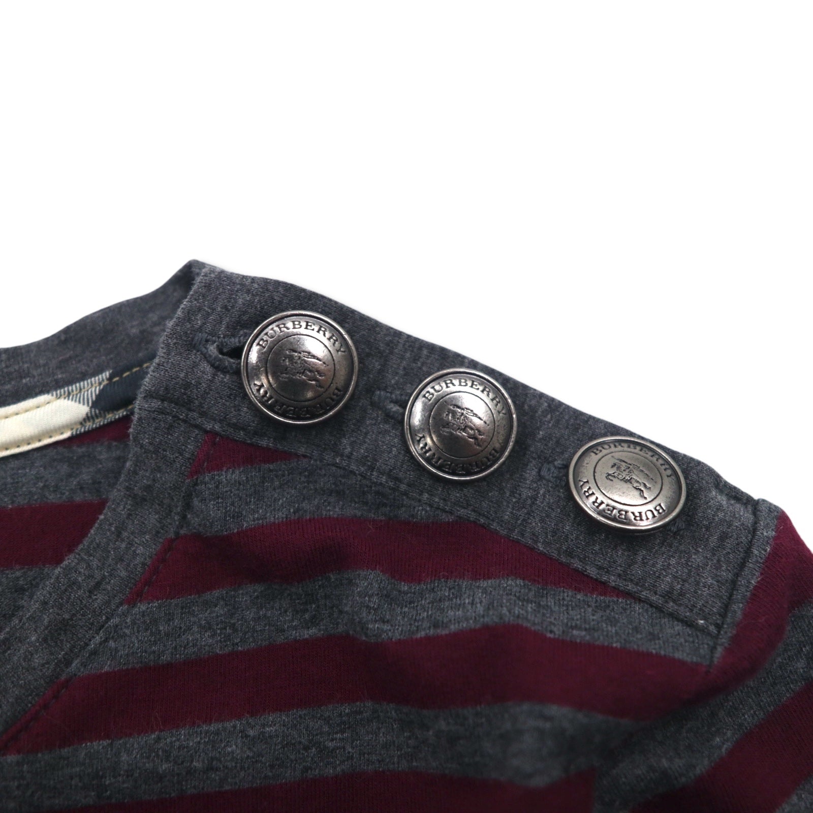BURBERRY Tunica T-shirt a righe M Grigio Bottoni sulle spalle Logo ricamato Made in Japan