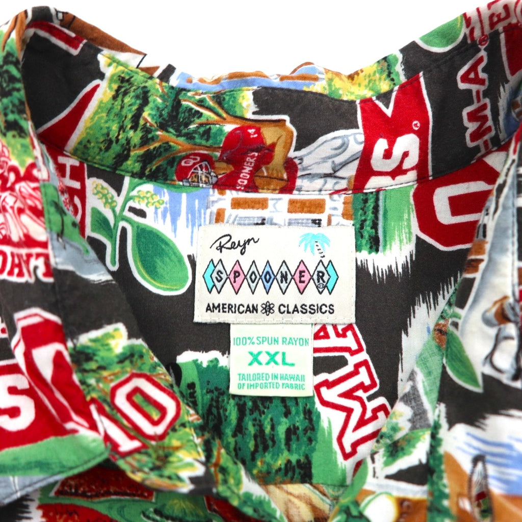 Reyn SPOONER anni '90, made in Hawaii (USA) AMERICAN CLASSICS camicia hawaiana 2XL multicolore rayon NCAA OKLAHOMA SOONERS football universitario