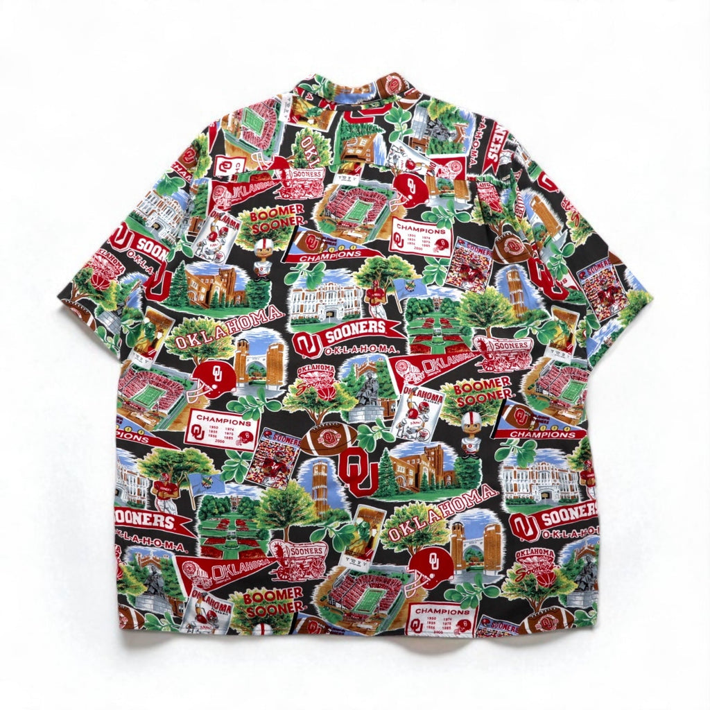 Reyn SPOONER anni '90, made in Hawaii (USA) AMERICAN CLASSICS camicia hawaiana 2XL multicolore rayon NCAA OKLAHOMA SOONERS football universitario