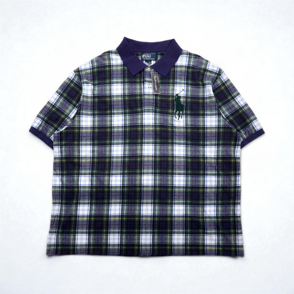Polo by Ralph Lauren anni '90, polo con ricamo Big Pony, 3XL, a quadri blu navy e verde, mai usata