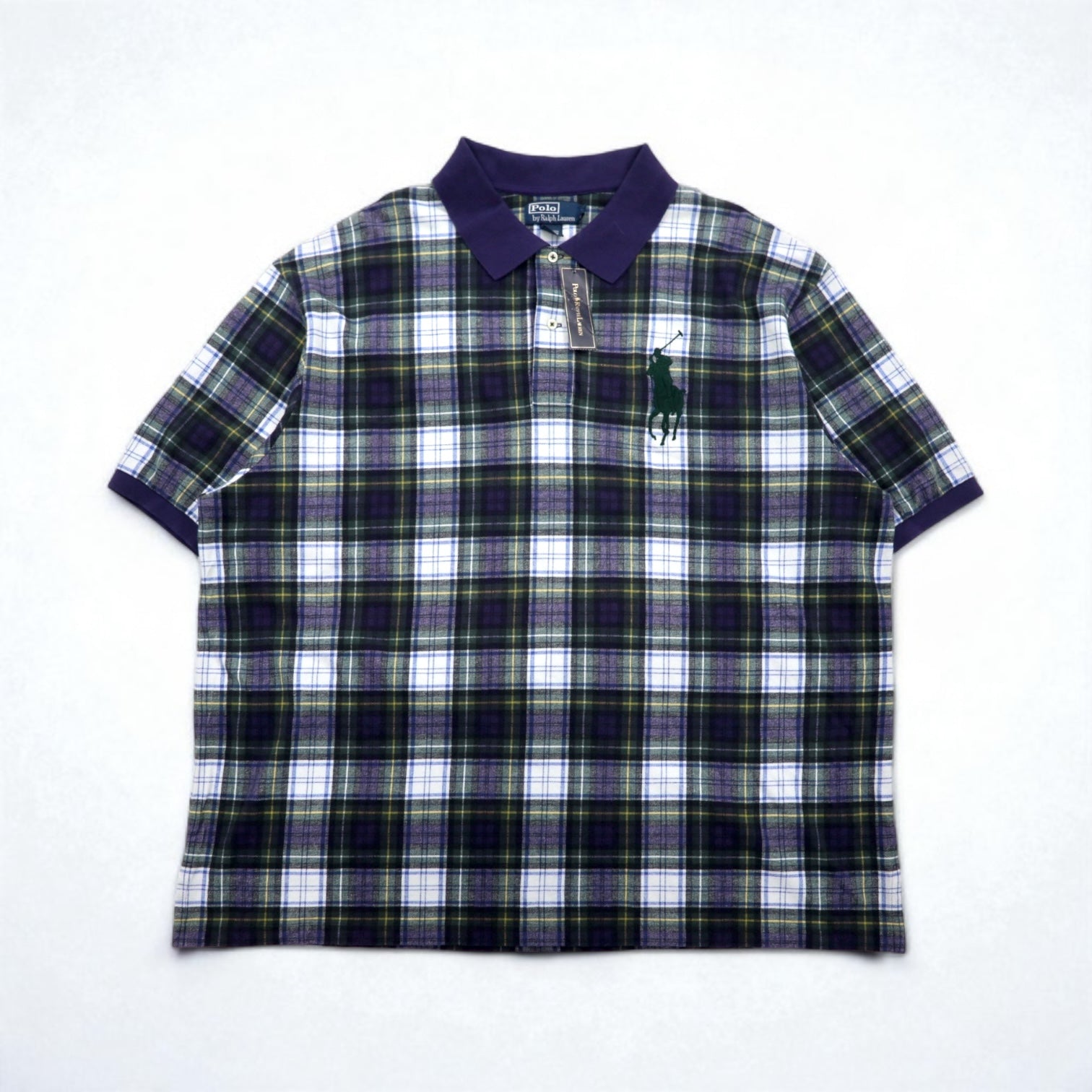 Polo by Ralph Lauren anni '90, polo con ricamo Big Pony, 3XL, a quadri blu navy e verde, mai usata