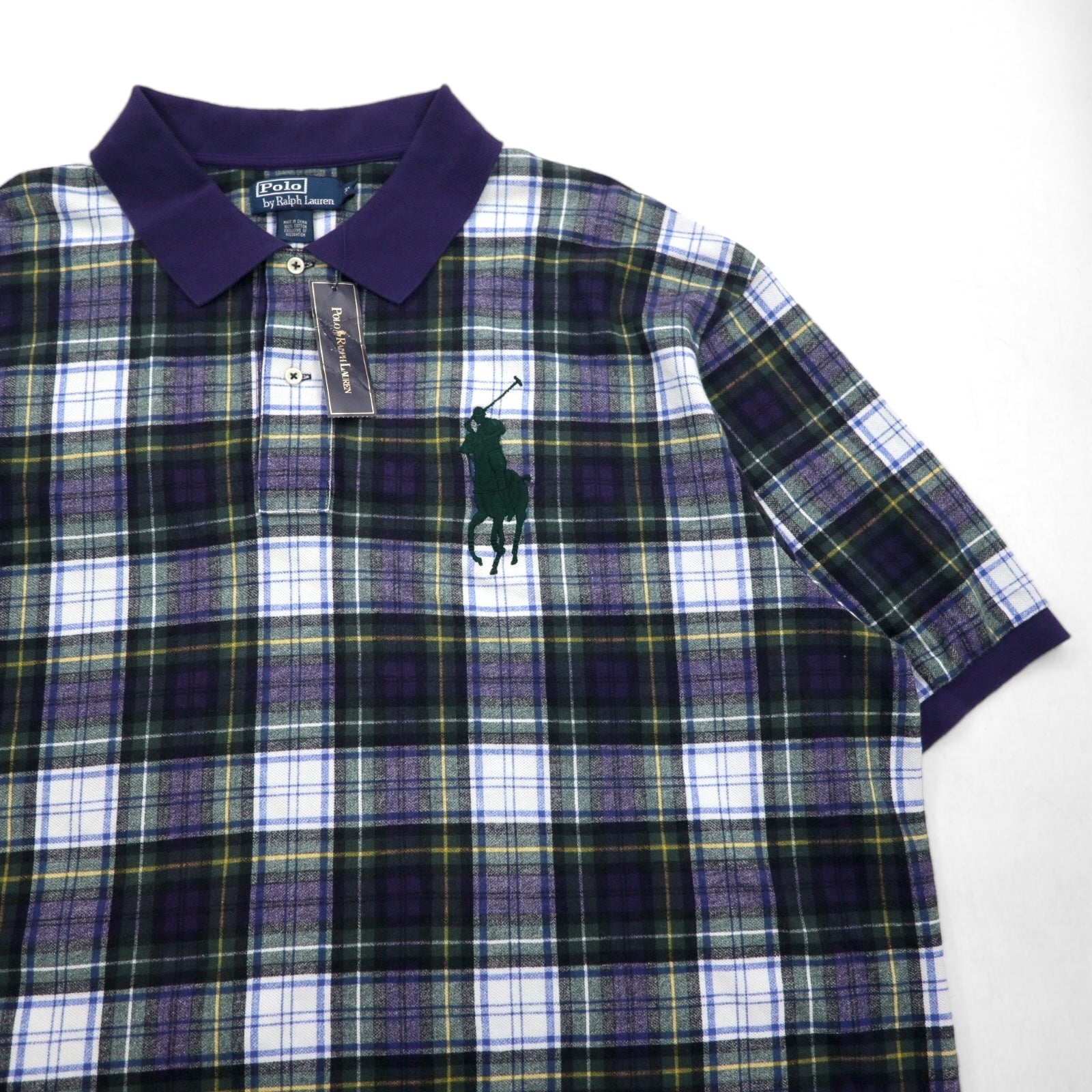 Polo by Ralph Lauren anni '90, polo con ricamo Big Pony, 3XL, a quadri blu navy e verde, mai usata