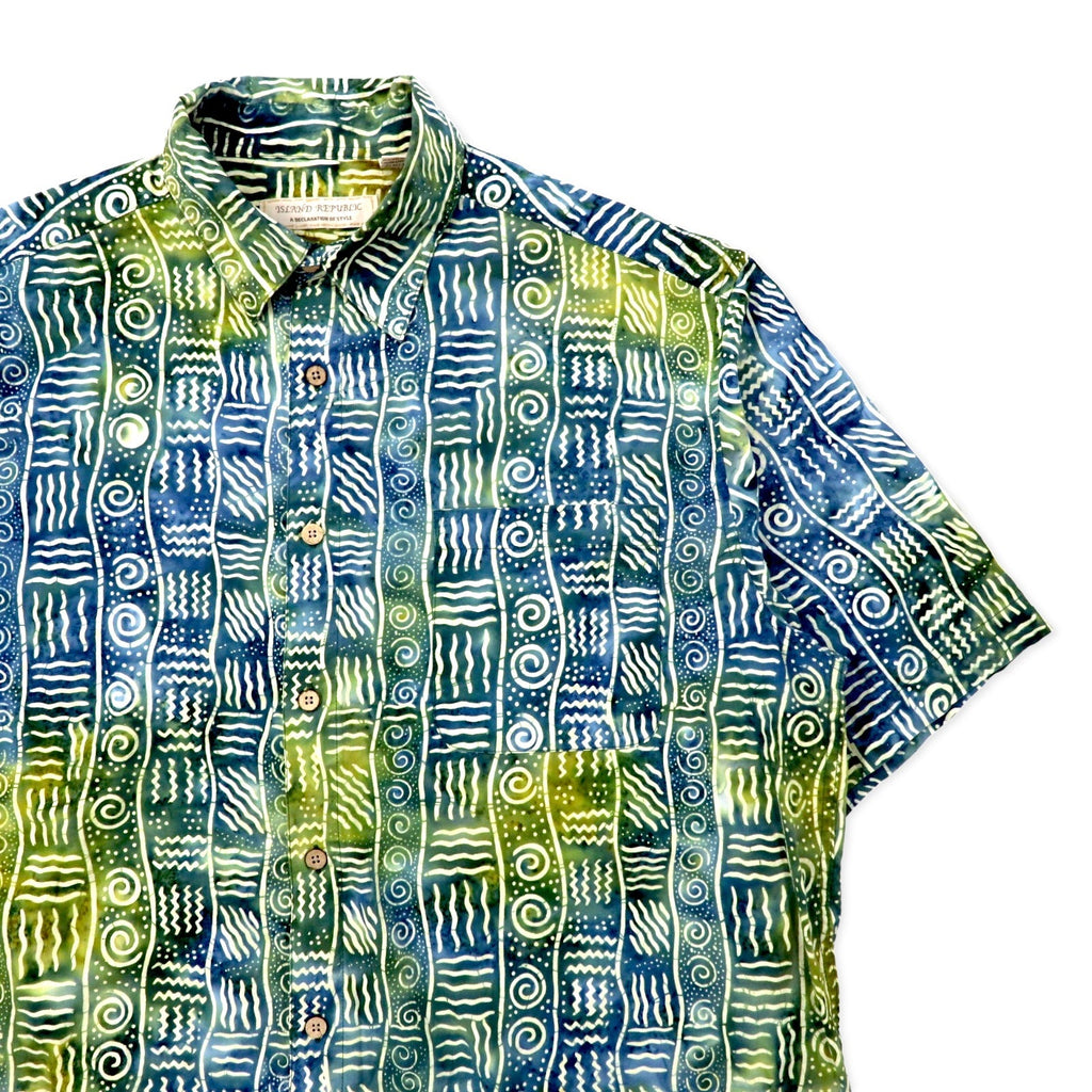 ISLAND REPUBLIC Camicia a maniche corte anni '90 con stampa all-over, camicia hawaiana XL, multicolore, in cotone, taglia grande