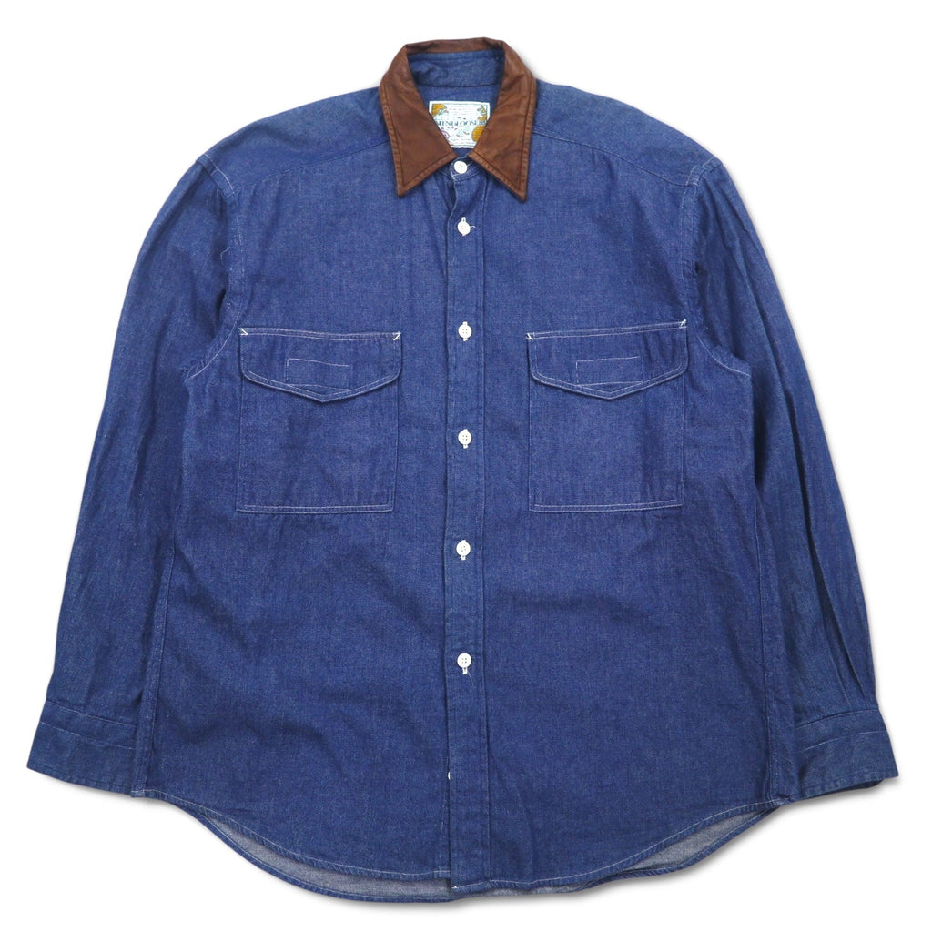 Camicia denim vintage anni '90 MINDLOOSER con colletto in pelle e inserti, camicia denim da lavoro, taglia L, indaco, blu, cotone